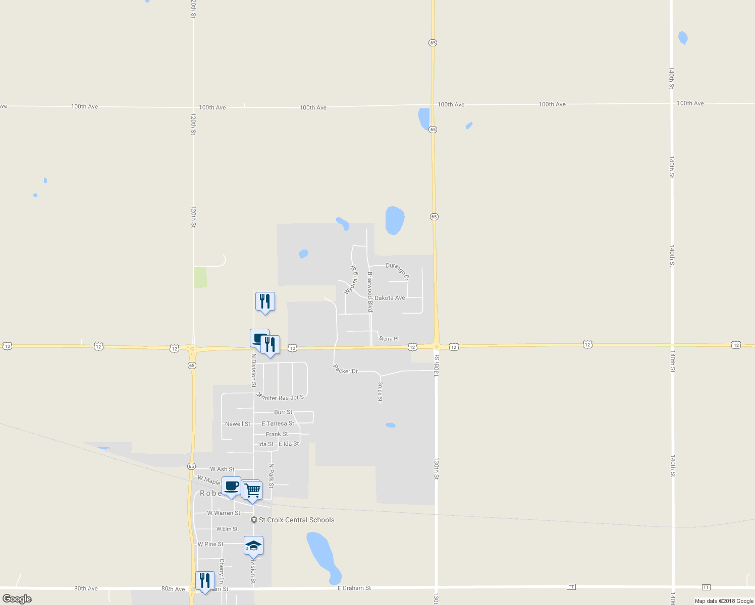 map of restaurants, bars, coffee shops, grocery stores, and more near 402 Dakota Avenue in Roberts