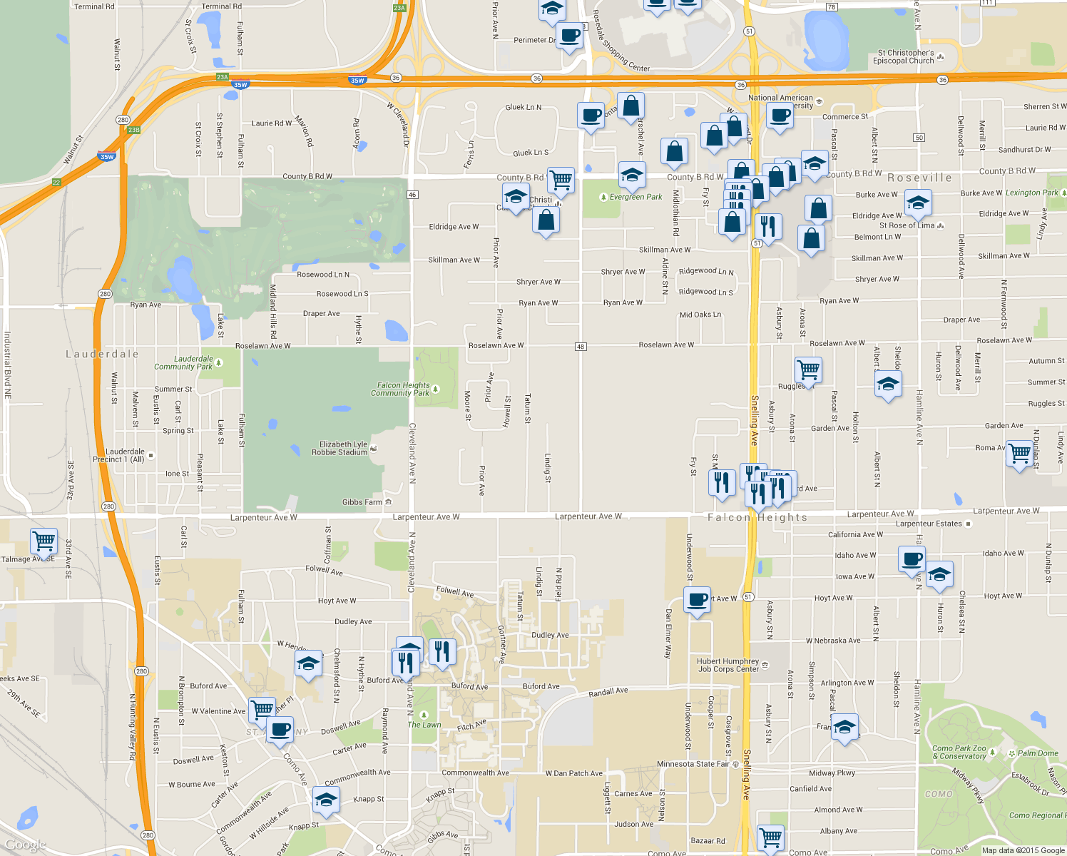 map of restaurants, bars, coffee shops, grocery stores, and more near 1804 Tatum Street in Falcon Heights