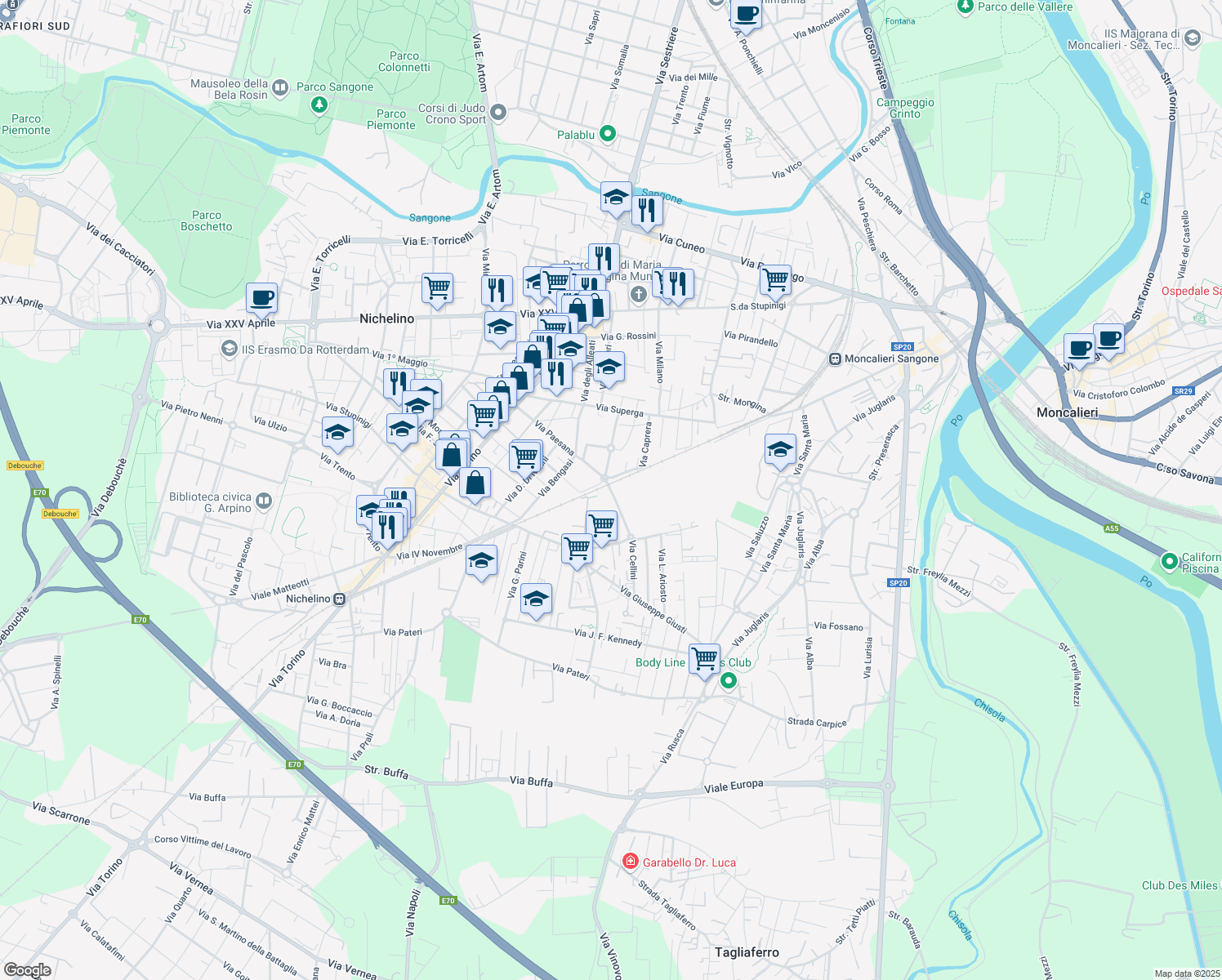 map of restaurants, bars, coffee shops, grocery stores, and more near Sovrappasso Unità d'Italia in Nichelino