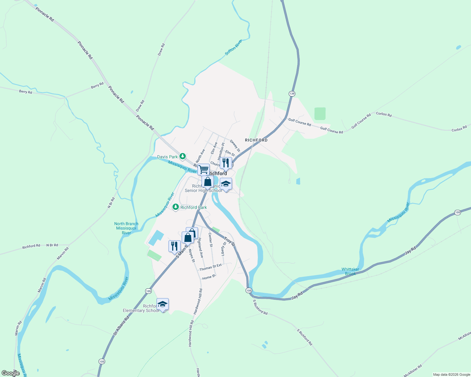 map of restaurants, bars, coffee shops, grocery stores, and more near 65 Eastern Avenue in Richford