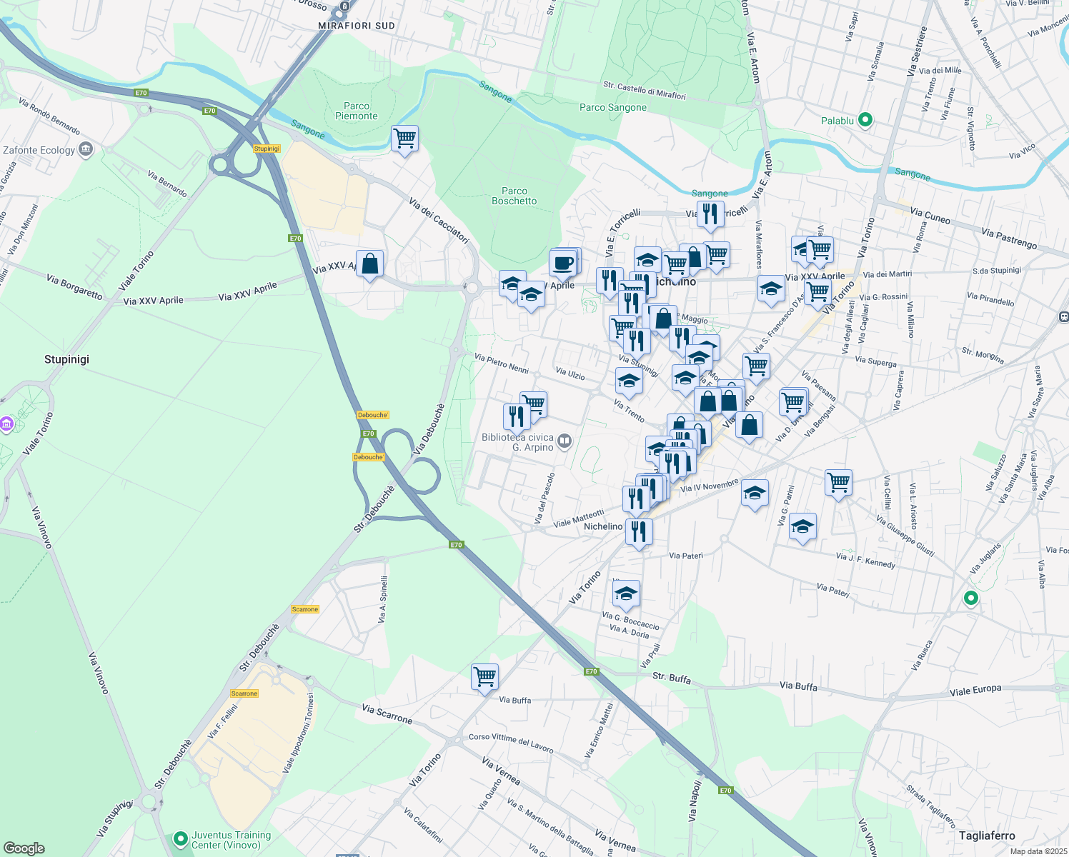 map of restaurants, bars, coffee shops, grocery stores, and more near 4 Piazza Aldo Moro in Nichelino