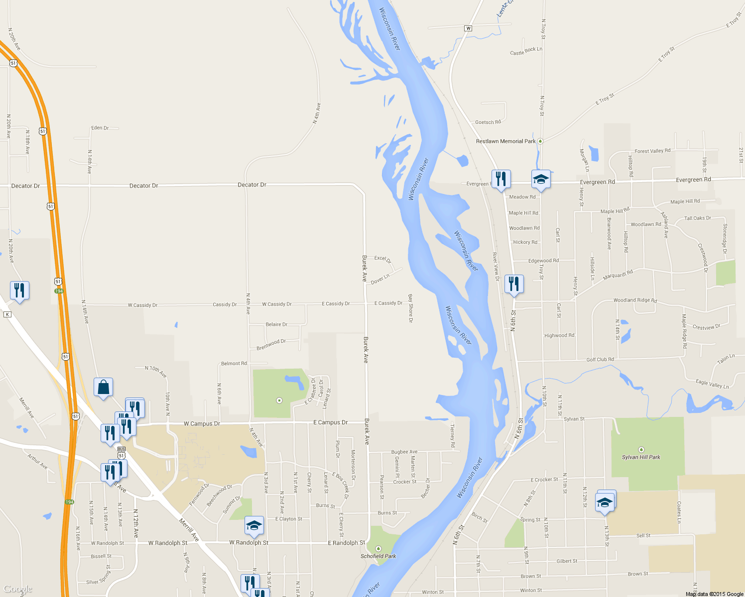 map of restaurants, bars, coffee shops, grocery stores, and more near 602 East Cassidy Drive in Wausau