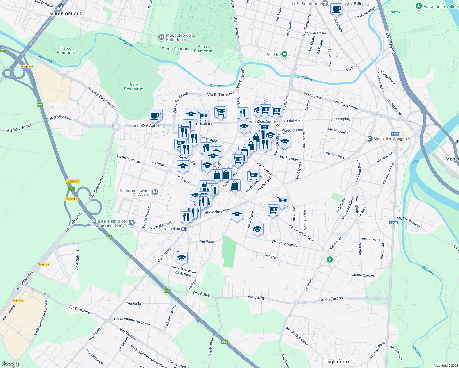 map of restaurants, bars, coffee shops, grocery stores, and more near 6 Via Nazario Sauro in Nichelino