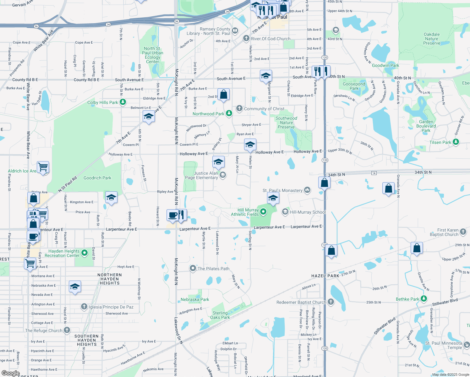 map of restaurants, bars, coffee shops, grocery stores, and more near 2448 Ripley Avenue in North Saint Paul