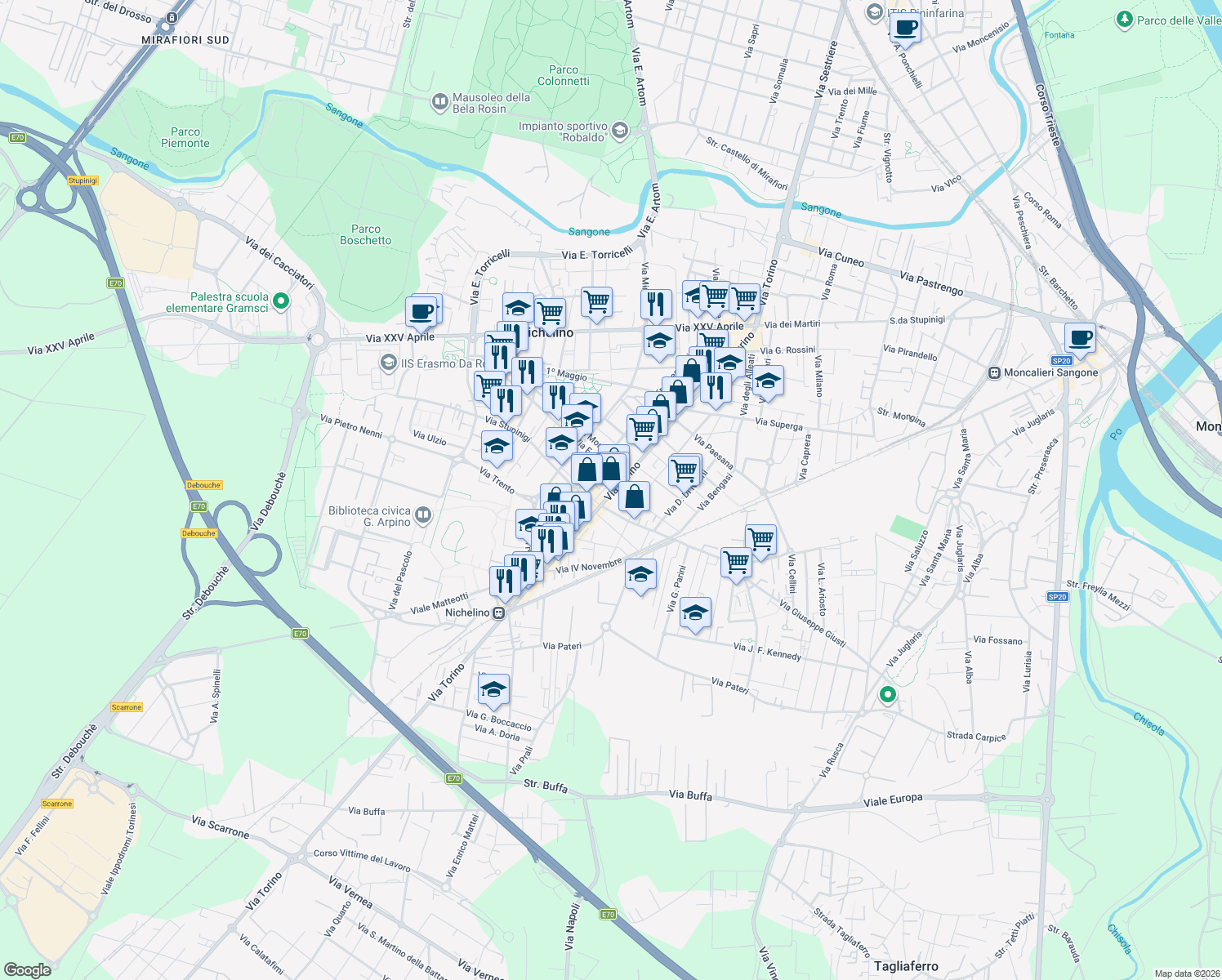 map of restaurants, bars, coffee shops, grocery stores, and more near 6 Via Sauro Nazario in Nichelino