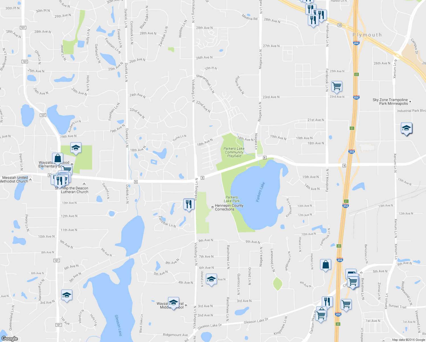 map of restaurants, bars, coffee shops, grocery stores, and more near 1455 Terraceview Lane North in Plymouth
