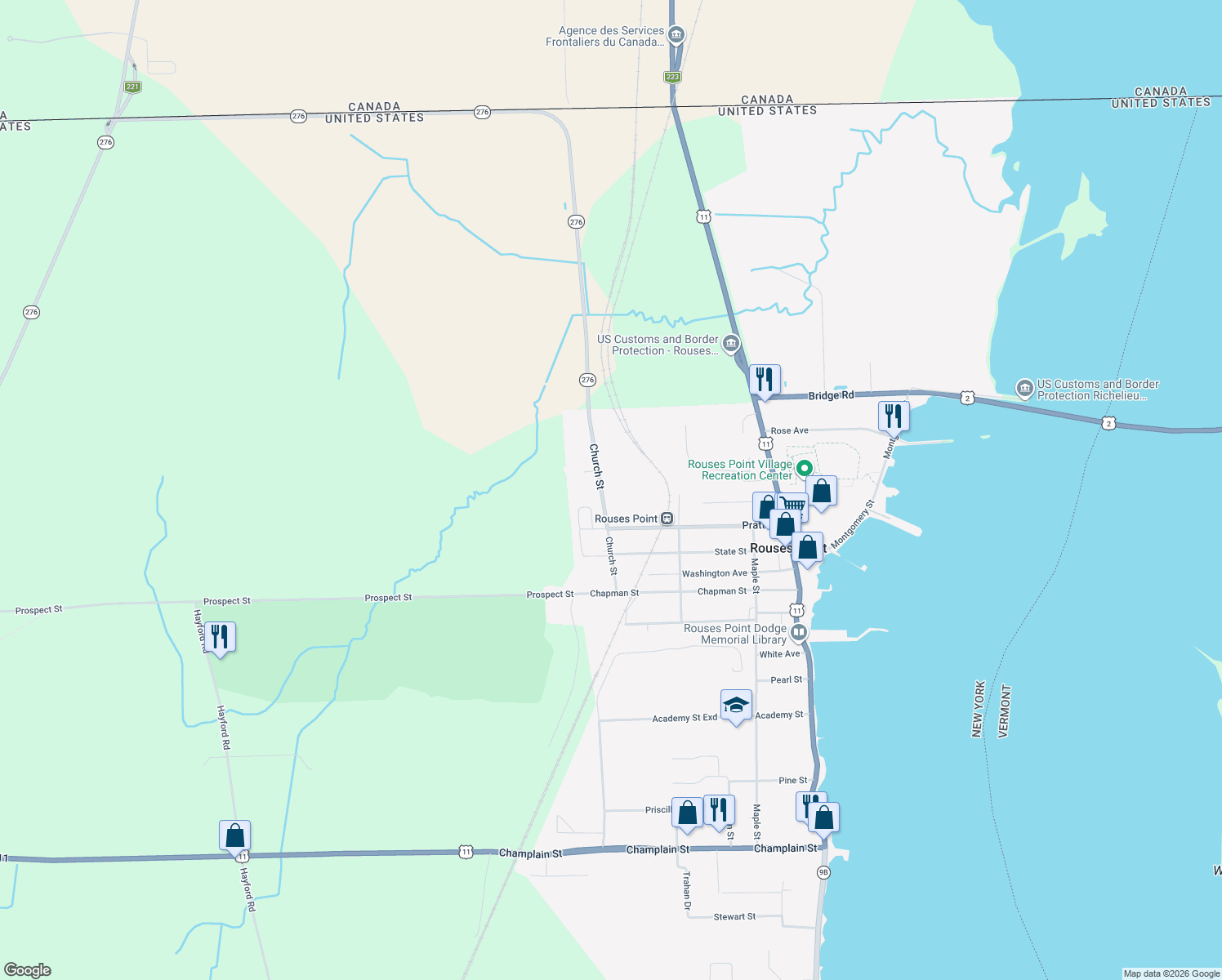 map of restaurants, bars, coffee shops, grocery stores, and more near 31 Church St in Rouses Point