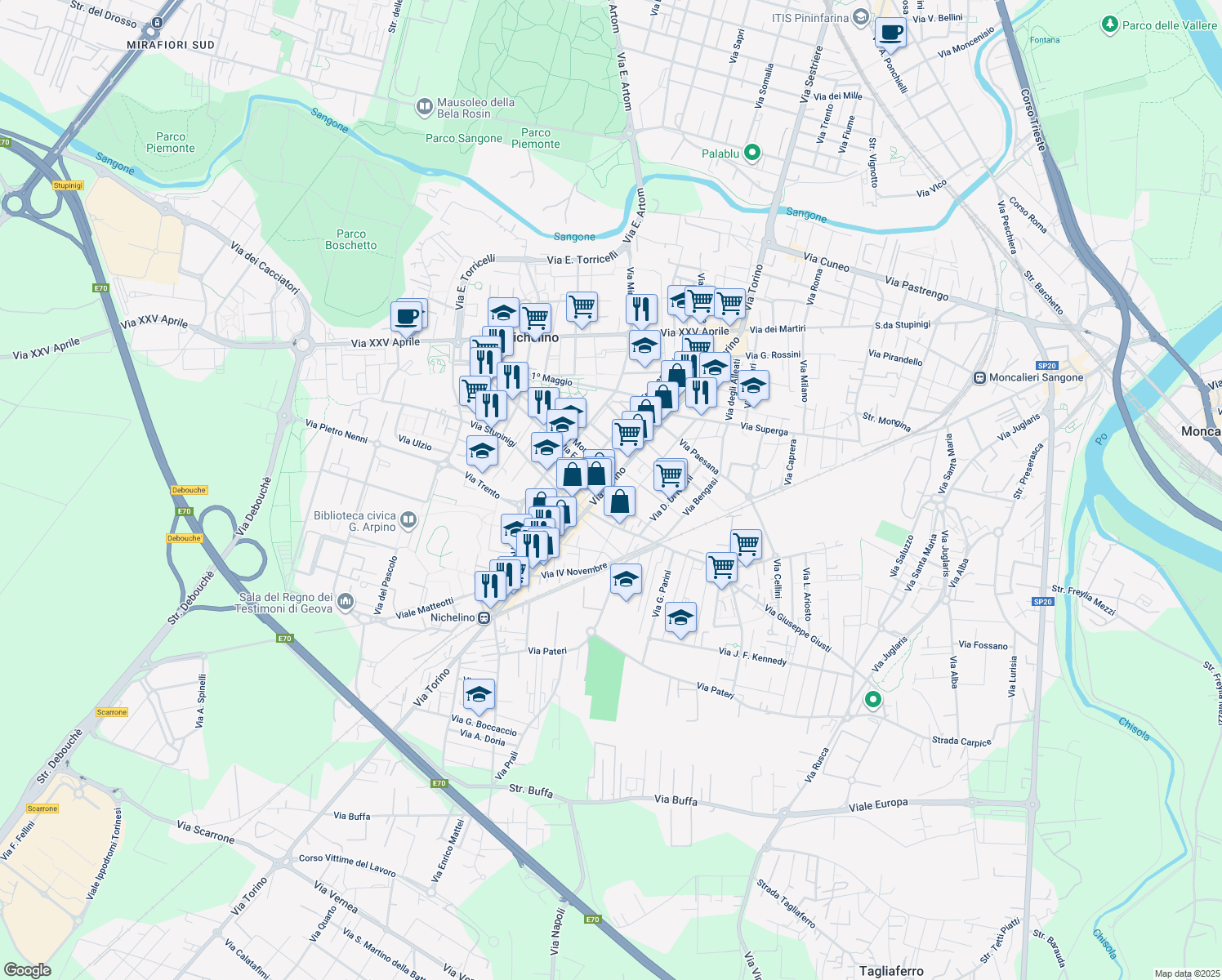 map of restaurants, bars, coffee shops, grocery stores, and more near 6 Via Sauro Nazario in Nichelino