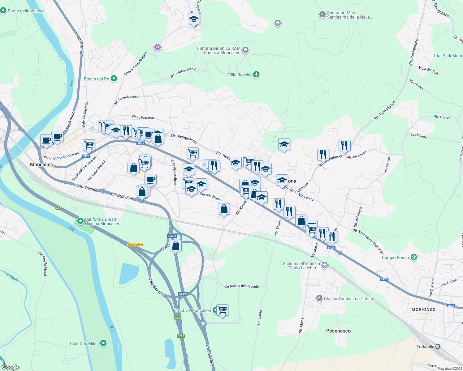 map of restaurants, bars, coffee shops, grocery stores, and more near 20 Via Fratelli Cervi in Moncalieri