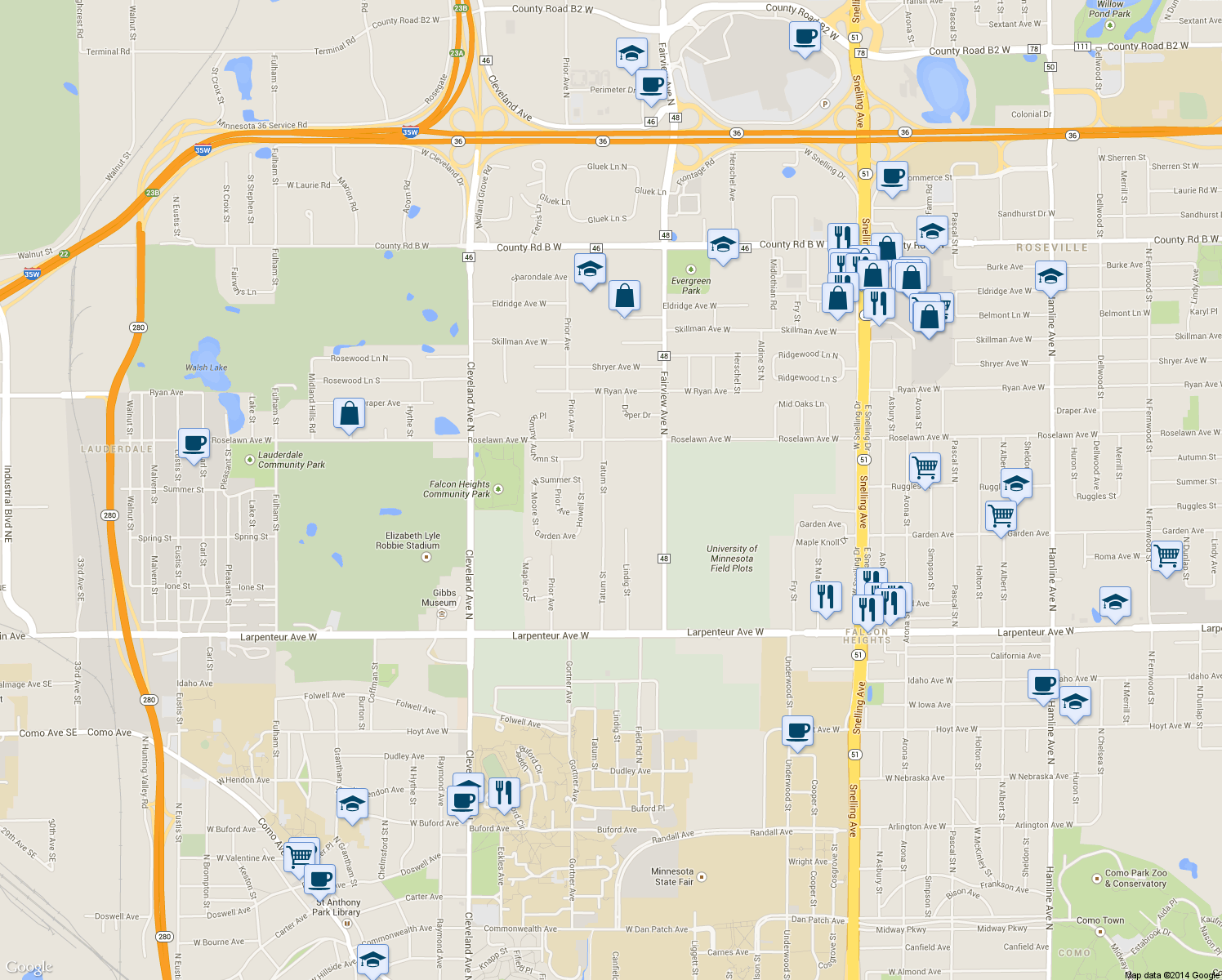 map of restaurants, bars, coffee shops, grocery stores, and more near 1854 Tatum Street in Falcon Heights