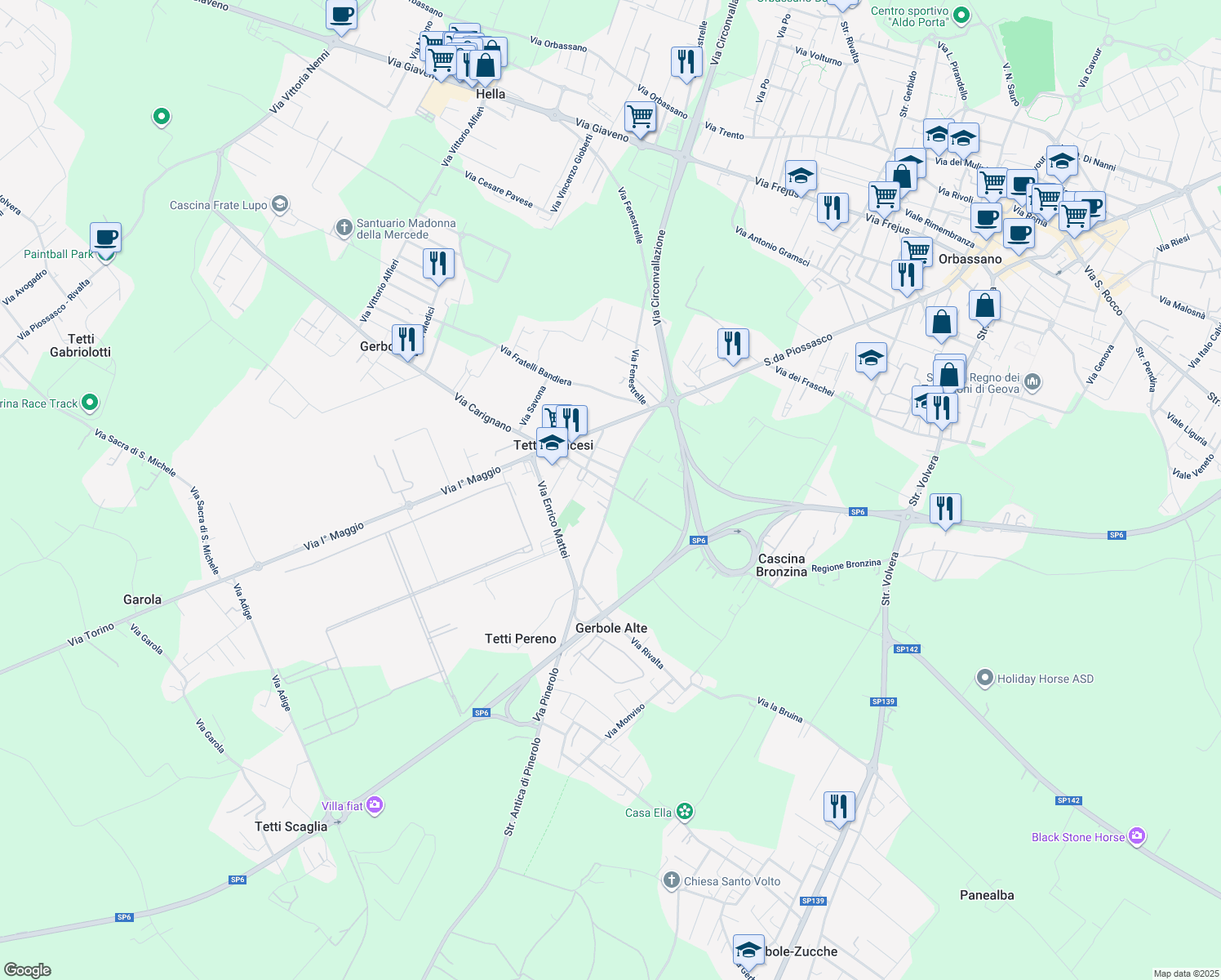 map of restaurants, bars, coffee shops, grocery stores, and more near 28 Strada Comunale Vecchia di Pinerolo in Orbassano