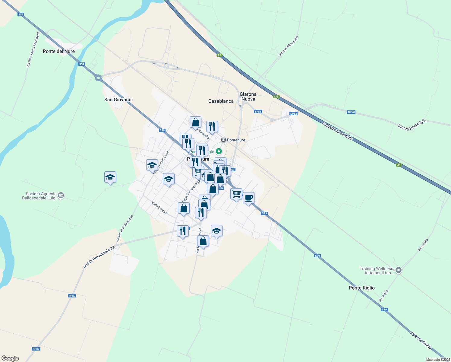 map of restaurants, bars, coffee shops, grocery stores, and more near 11 Via G. Garibaldi in Pontenure