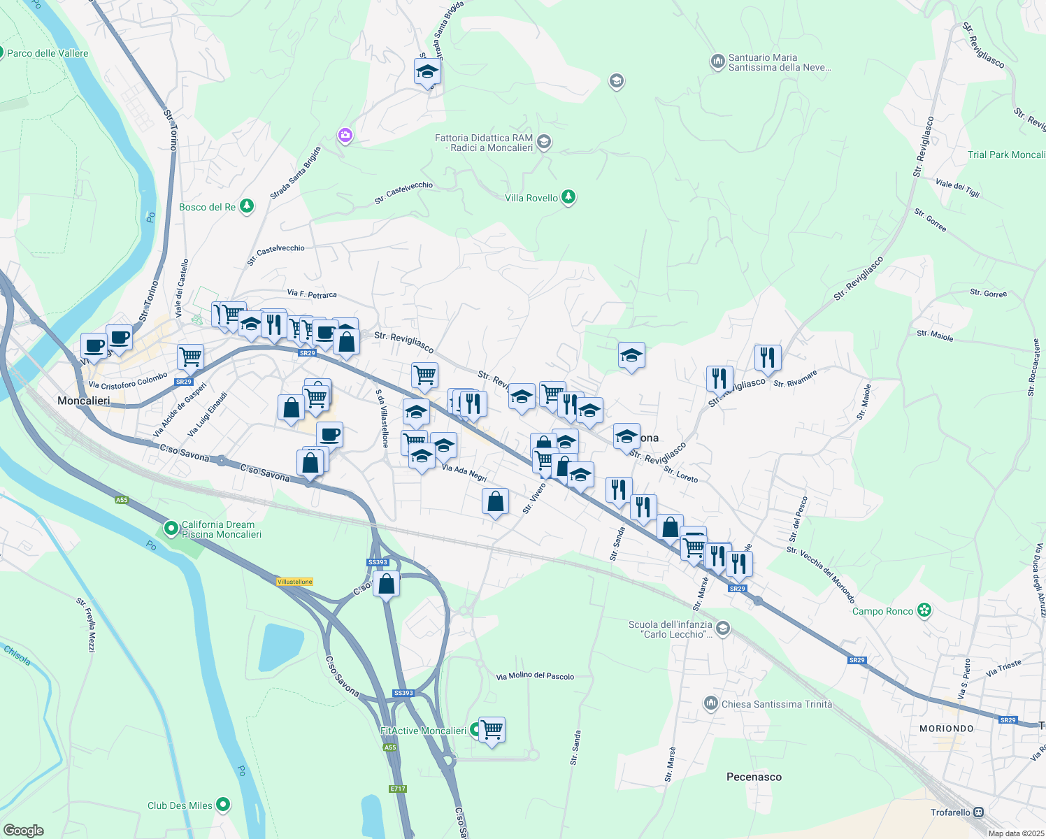 map of restaurants, bars, coffee shops, grocery stores, and more near 20 Via Fratelli Cervi in Moncalieri