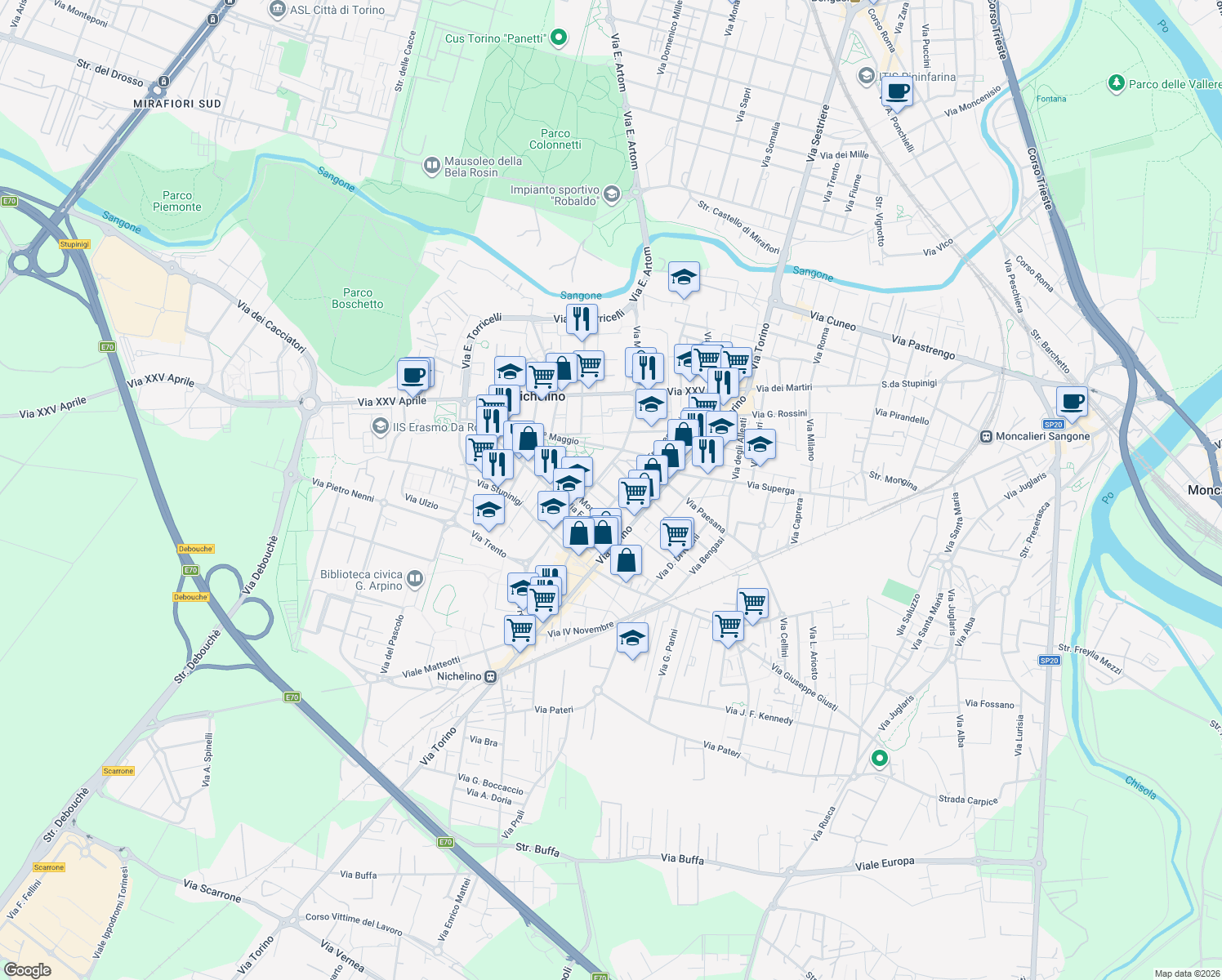 map of restaurants, bars, coffee shops, grocery stores, and more near 20 Via San Giuseppe in Nichelino