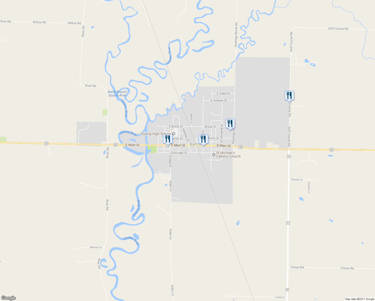 map of restaurants, bars, coffee shops, grocery stores, and more near 526 Groninger Street in Suring