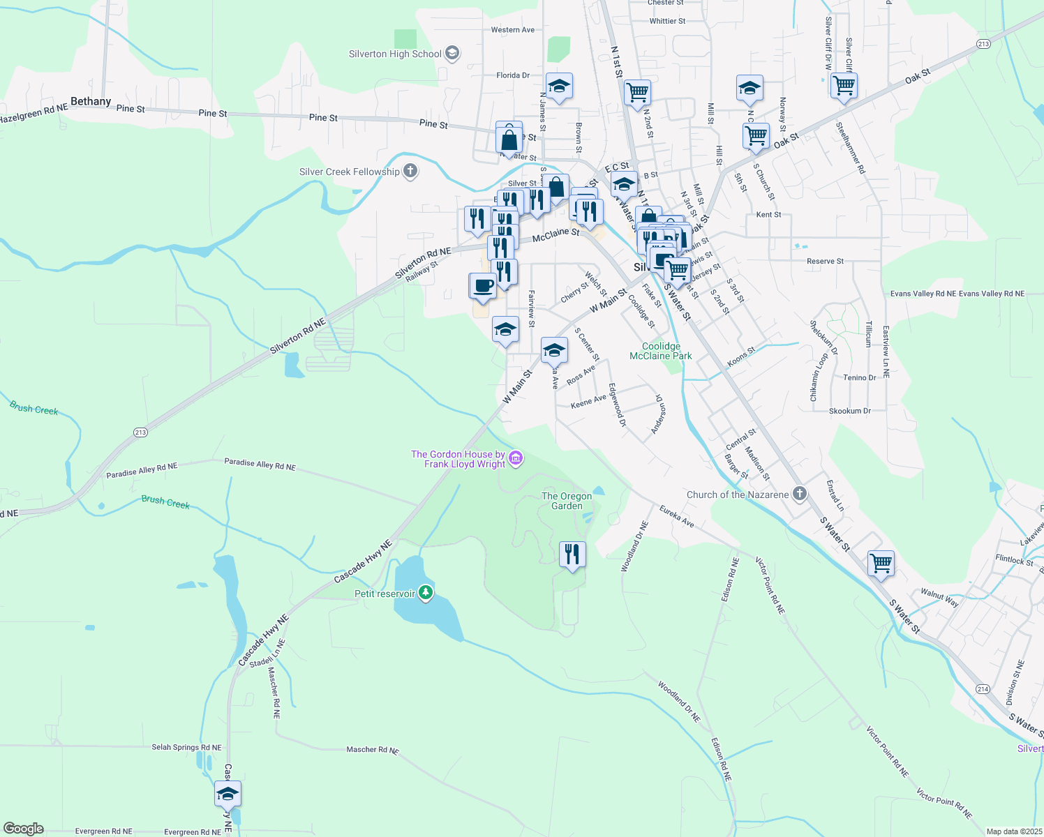 map of restaurants, bars, coffee shops, grocery stores, and more near 113 Jade Hills Dr NE in Silverton