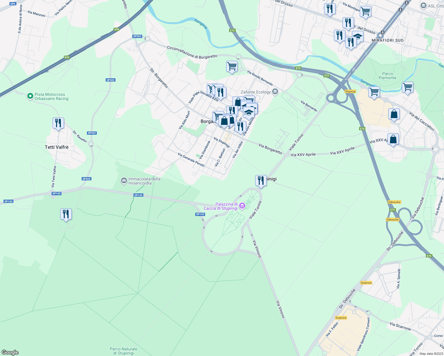 map of restaurants, bars, coffee shops, grocery stores, and more near 3/A Via Case Sparse in Borgaretto