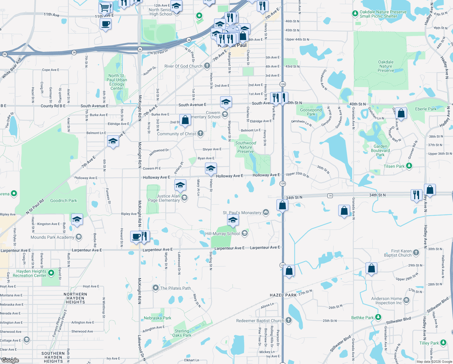 map of restaurants, bars, coffee shops, grocery stores, and more near 2556 Holloway Avenue East in Maplewood