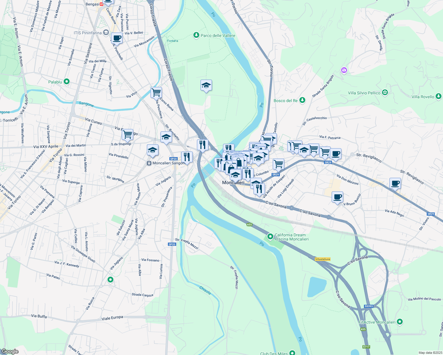 map of restaurants, bars, coffee shops, grocery stores, and more near 7A Via Martiri della Libertà in Moncalieri