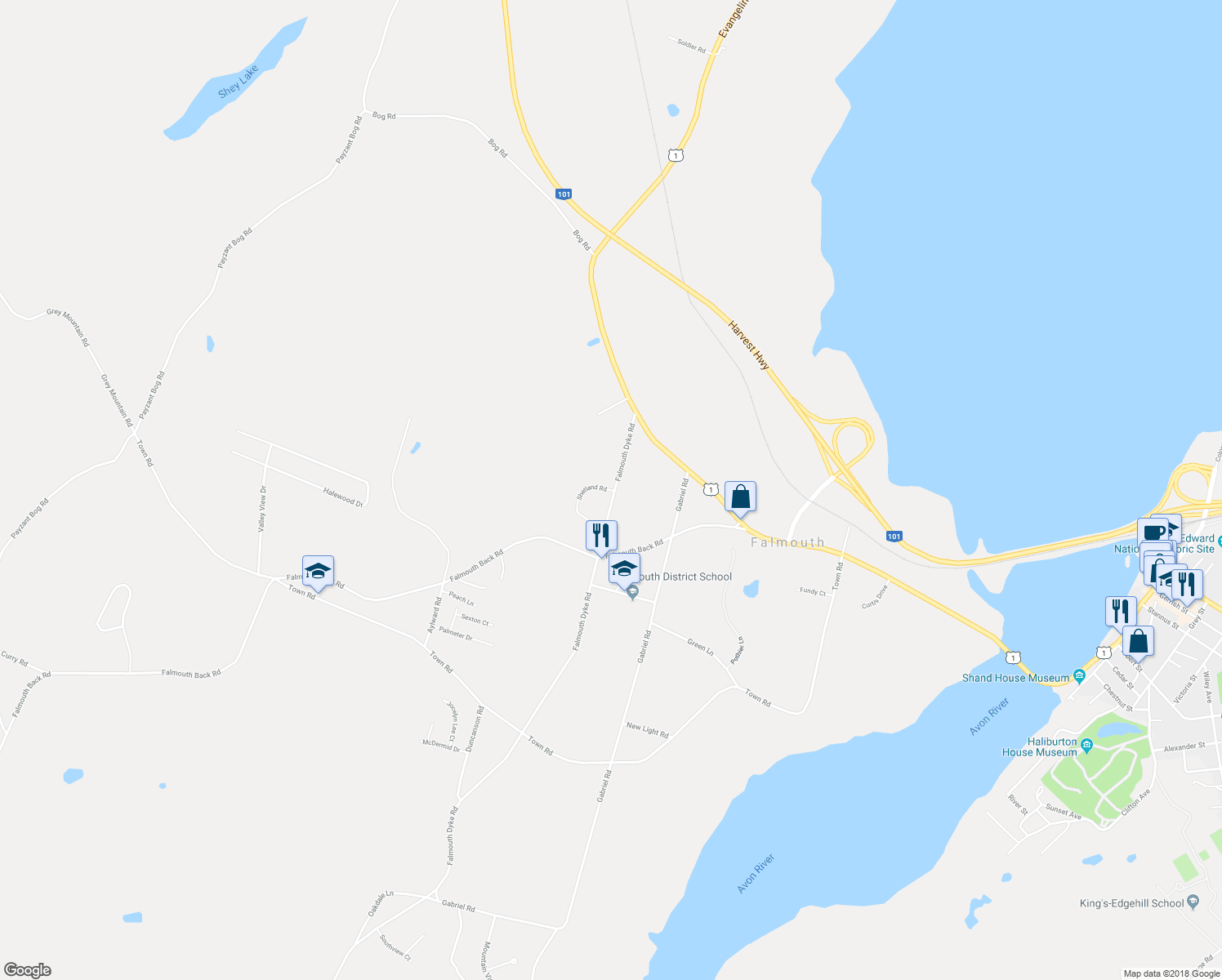 map of restaurants, bars, coffee shops, grocery stores, and more near 52 Shetland Road in Falmouth