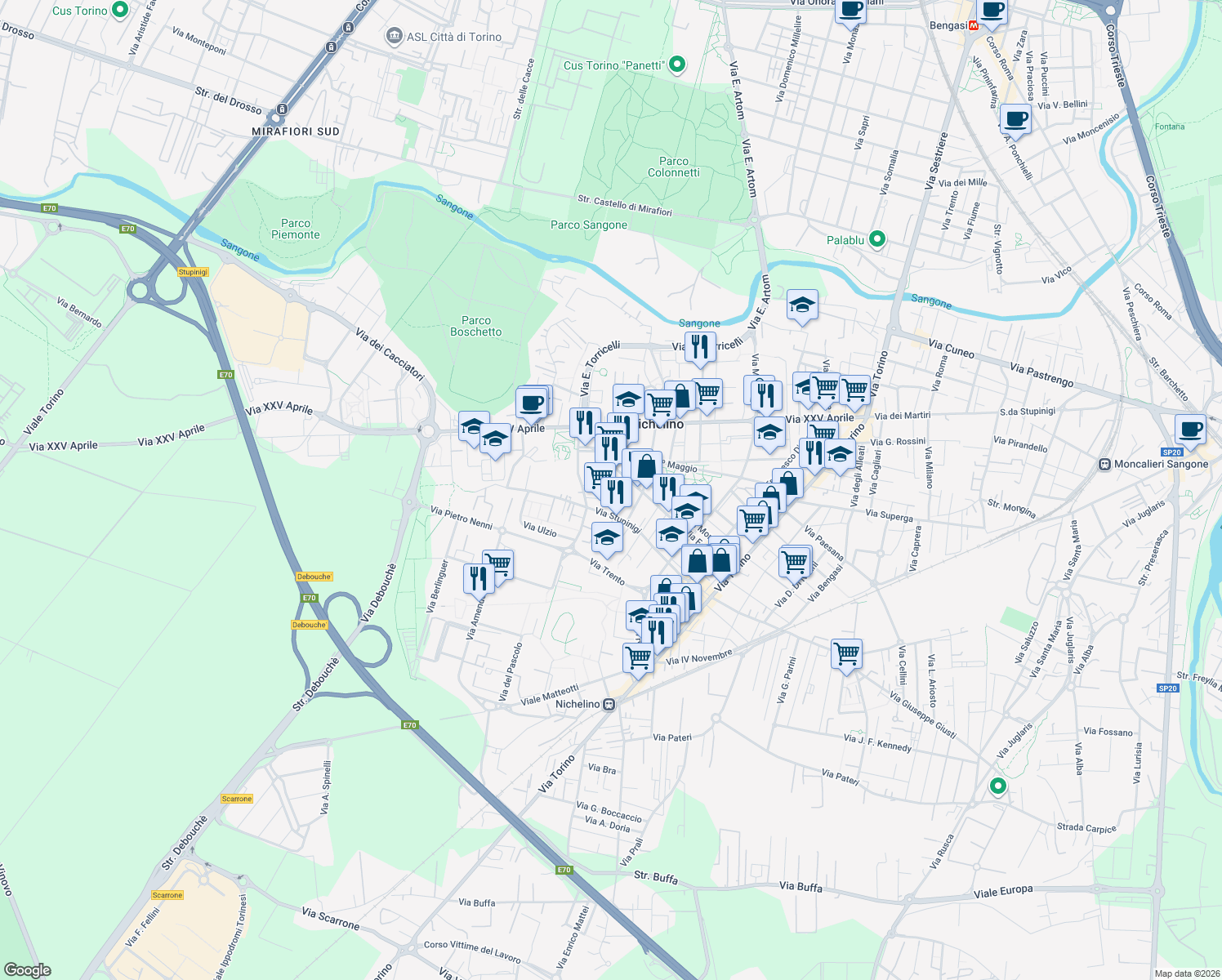 map of restaurants, bars, coffee shops, grocery stores, and more near 60 Via Juvarra Filippo in Nichelino