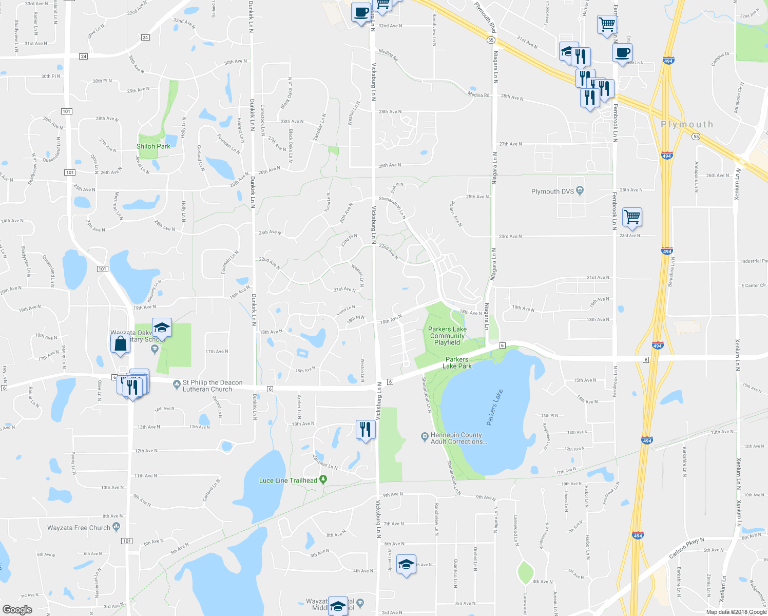 map of restaurants, bars, coffee shops, grocery stores, and more near 1898 Vicksburg Lane North in Plymouth