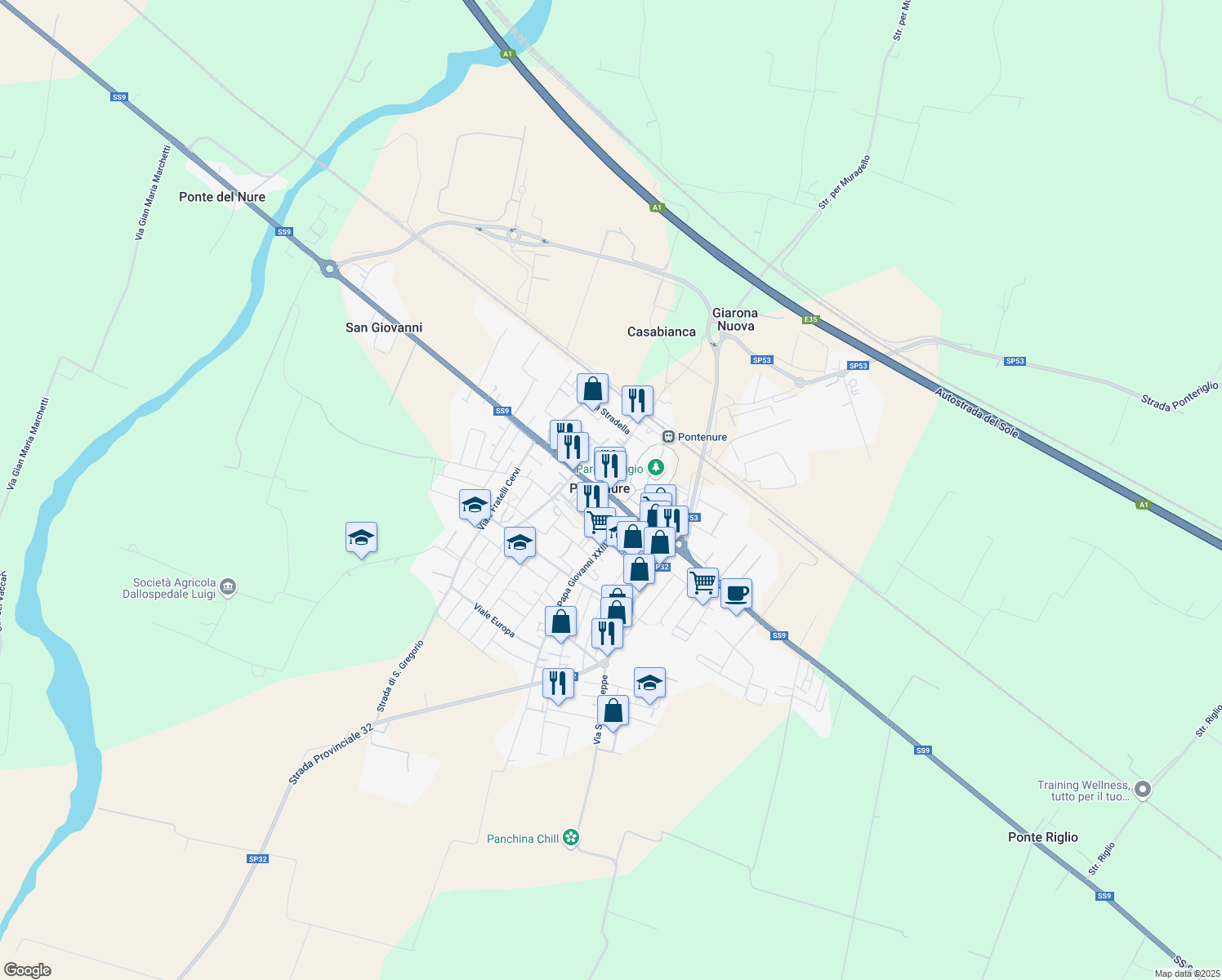 map of restaurants, bars, coffee shops, grocery stores, and more near 9 Via Roma in Pontenure
