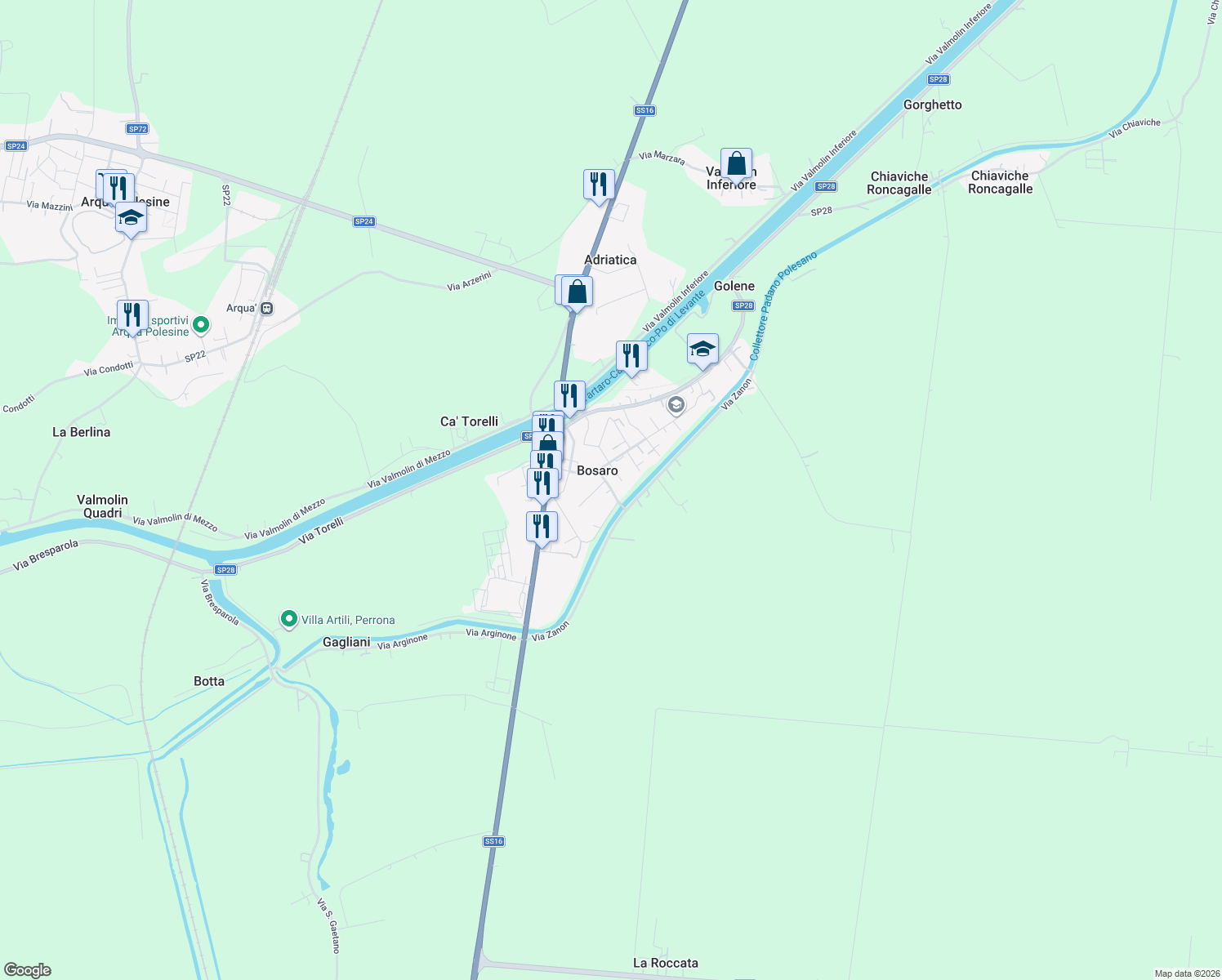 map of restaurants, bars, coffee shops, grocery stores, and more near 15B Via Don Giovanni Minzoni in Bosaro