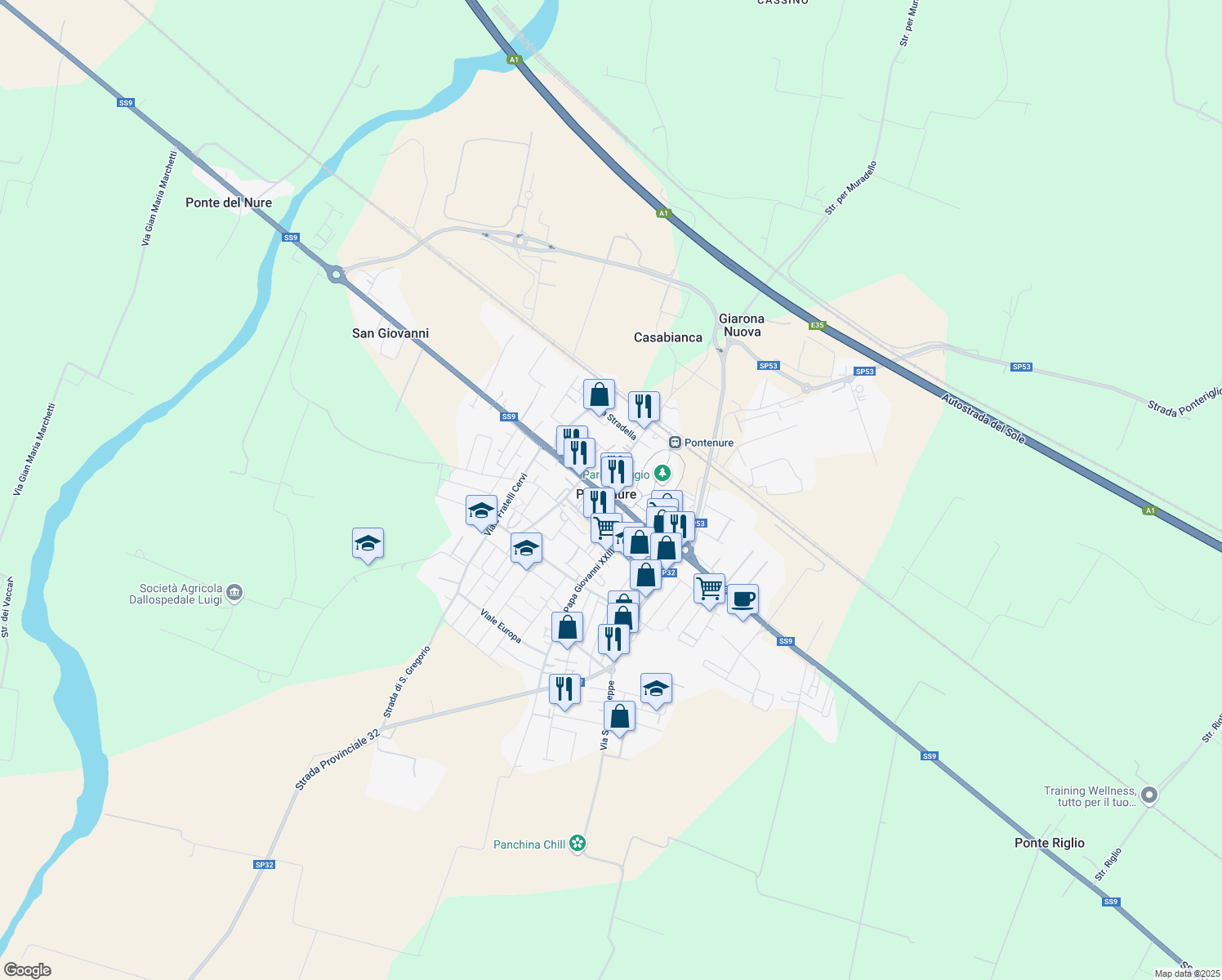 map of restaurants, bars, coffee shops, grocery stores, and more near 9 Via Roma in Pontenure