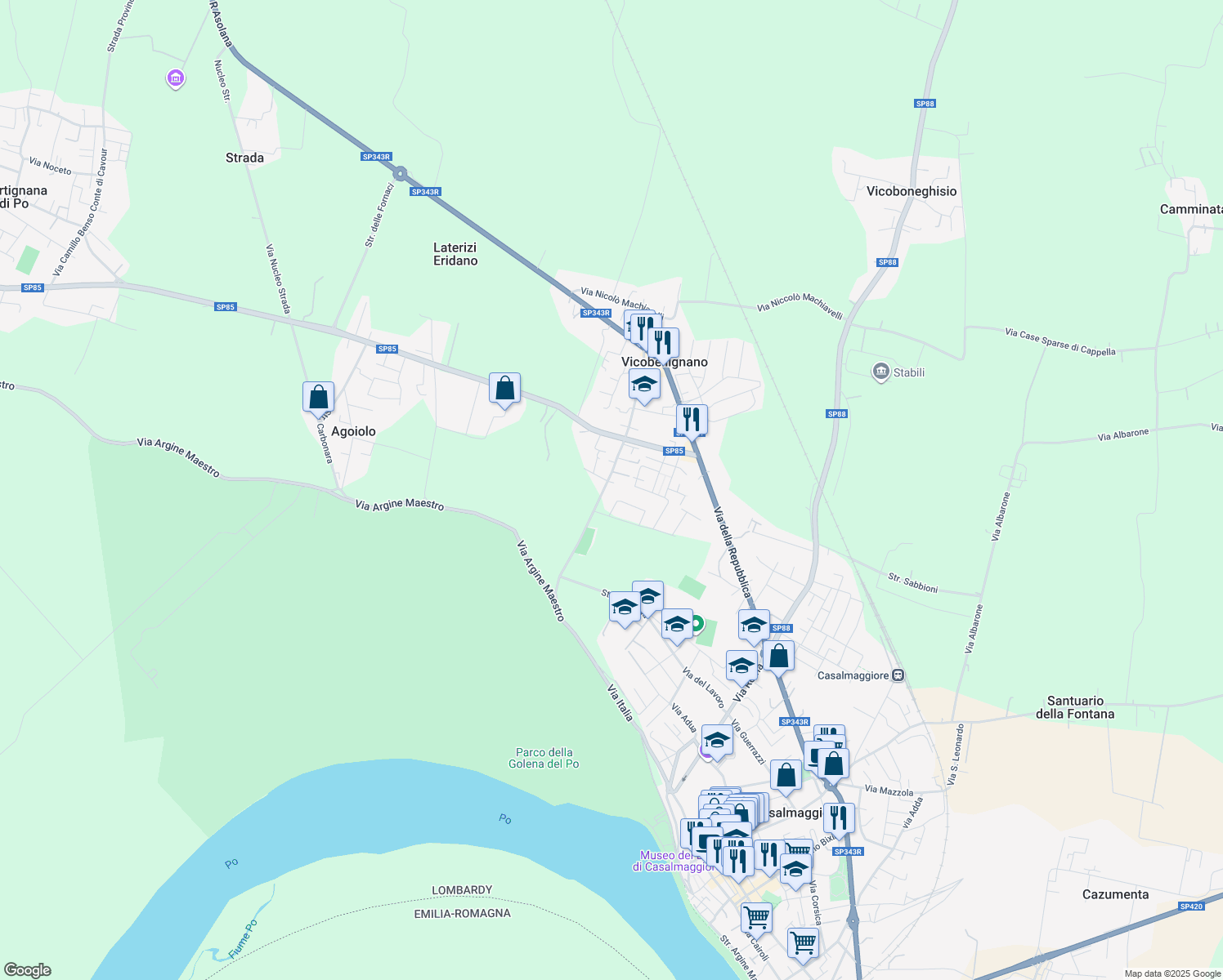 map of restaurants, bars, coffee shops, grocery stores, and more near 175 Via Dante Alighieri in Casalmaggiore