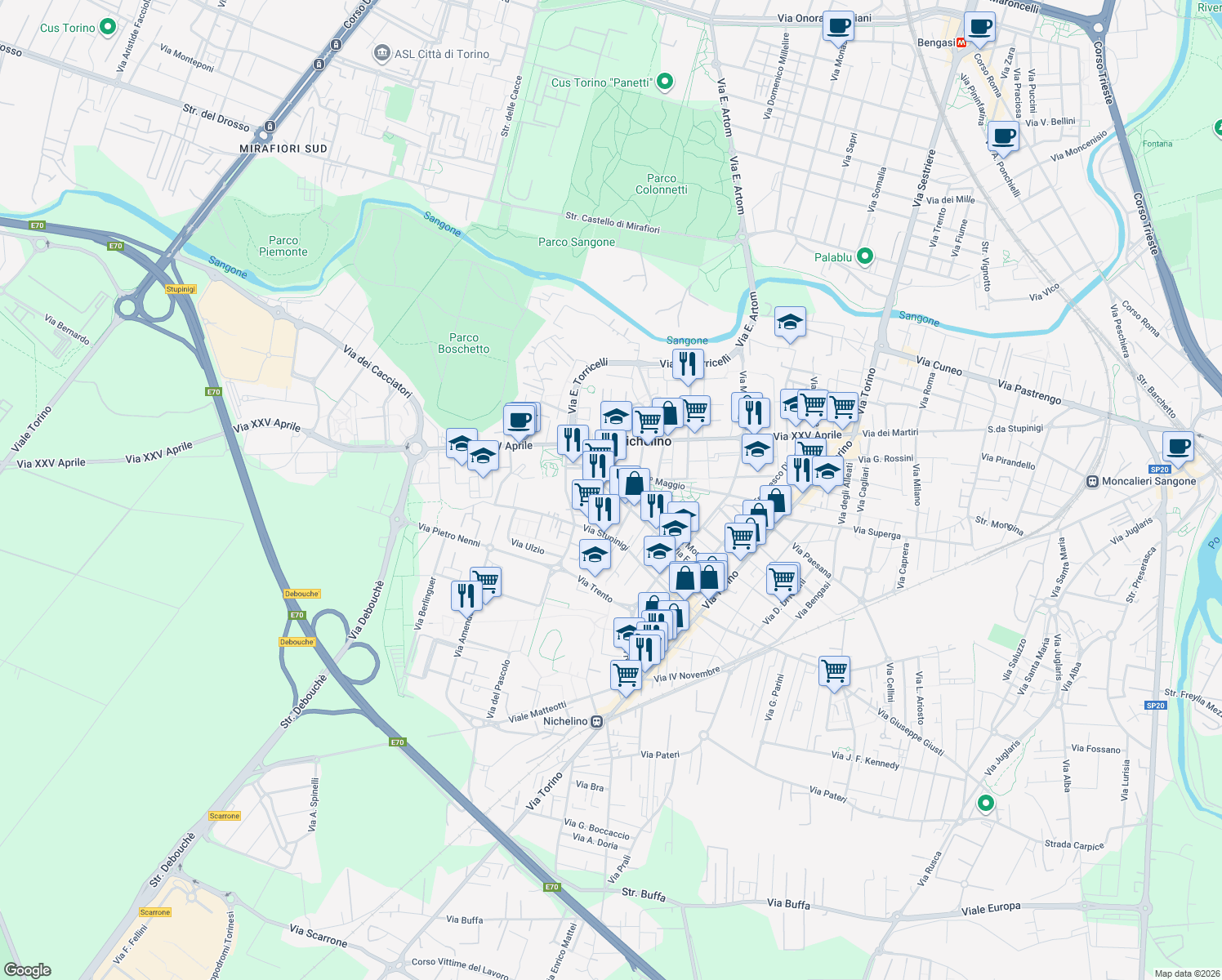 map of restaurants, bars, coffee shops, grocery stores, and more near 60 Via Juvarra in Nichelino