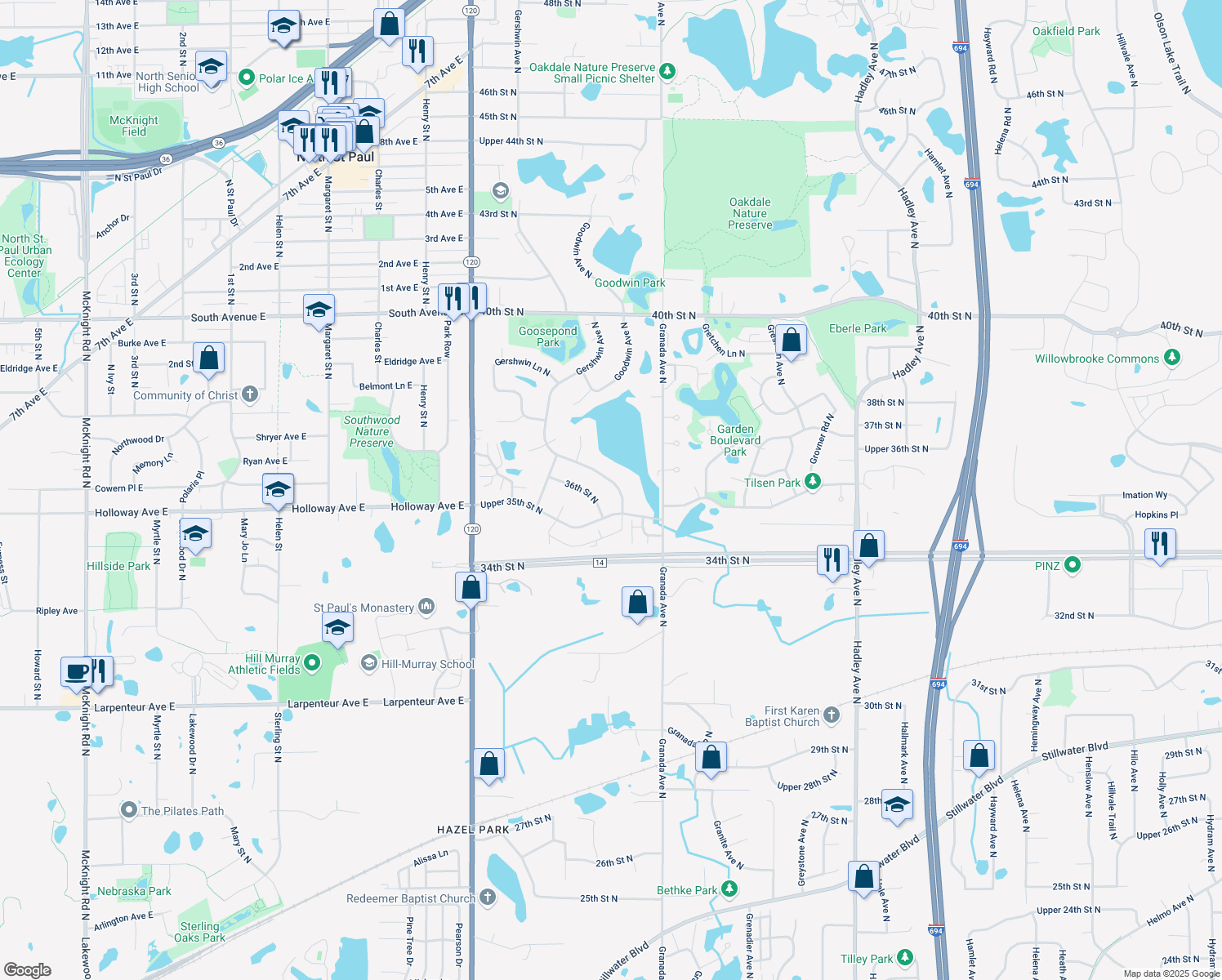 map of restaurants, bars, coffee shops, grocery stores, and more near 3540 Gershwin Avenue North in Oakdale