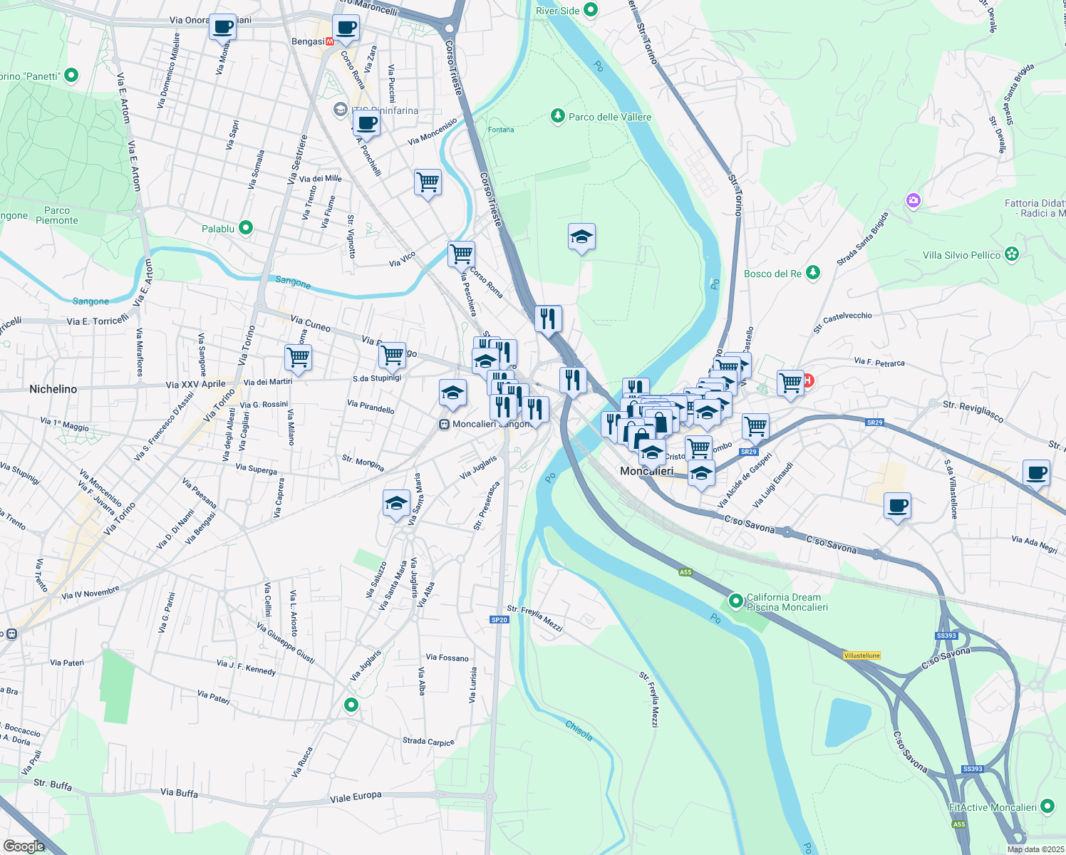 map of restaurants, bars, coffee shops, grocery stores, and more near 1 Piazza Mercato in Moncalieri