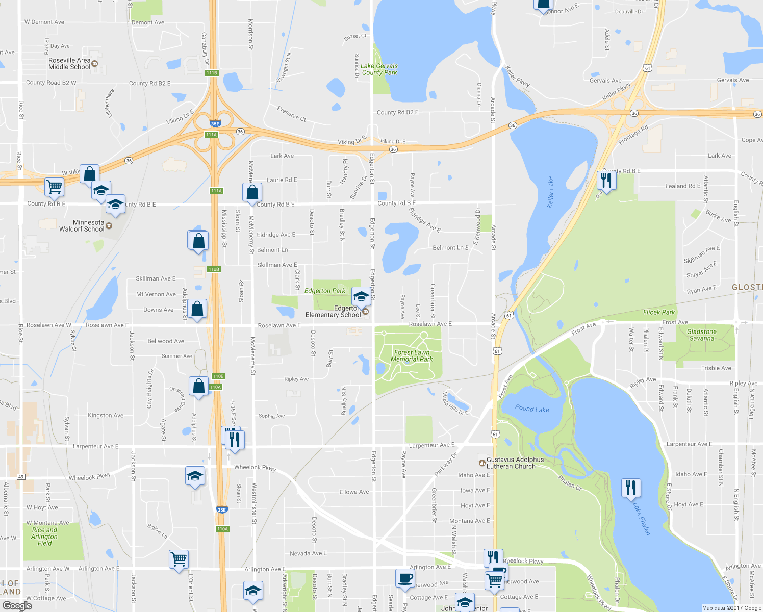 map of restaurants, bars, coffee shops, grocery stores, and more near 1960 Edgerton Street in Saint Paul