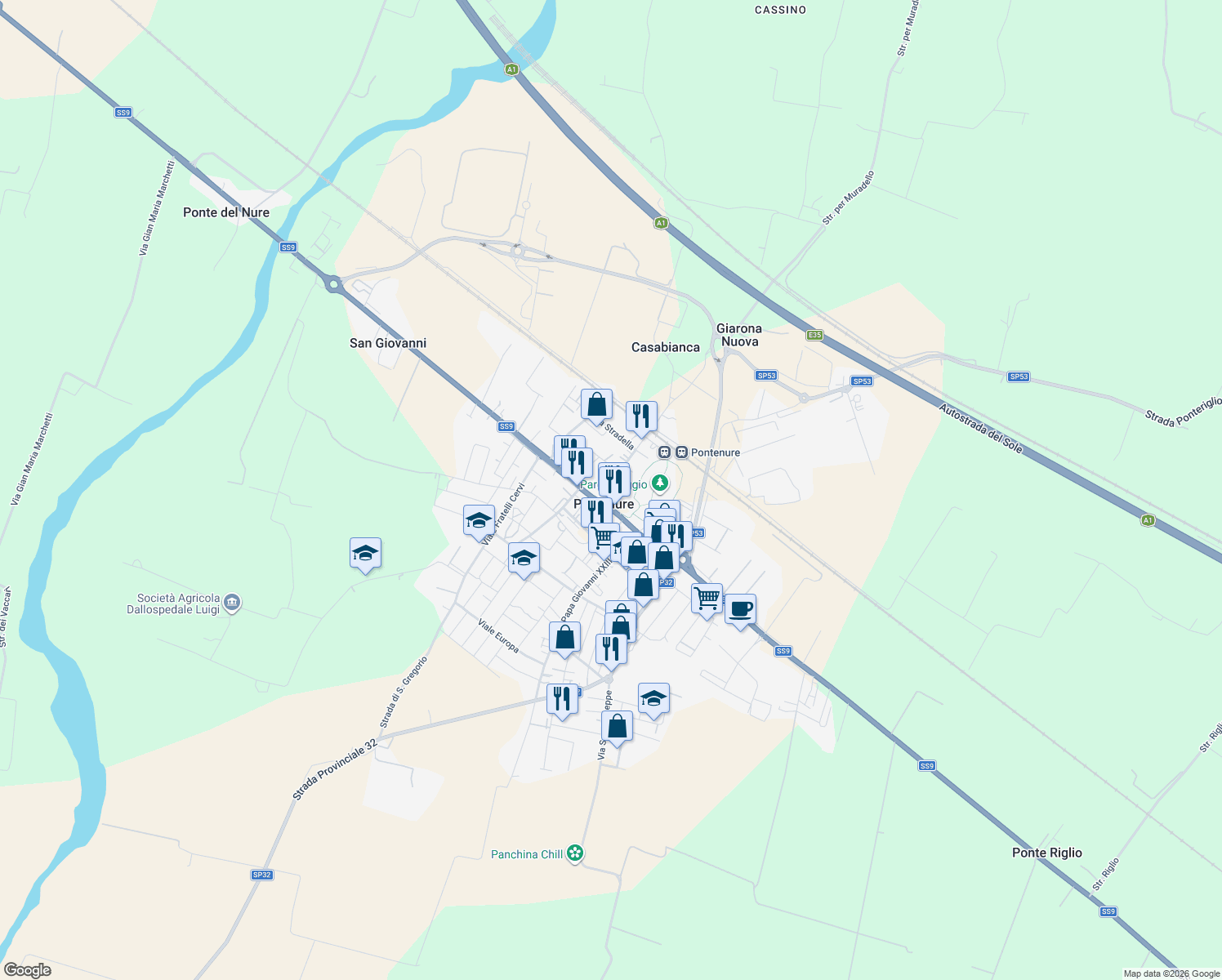 map of restaurants, bars, coffee shops, grocery stores, and more near 18 Via Giovanni Capra in Pontenure