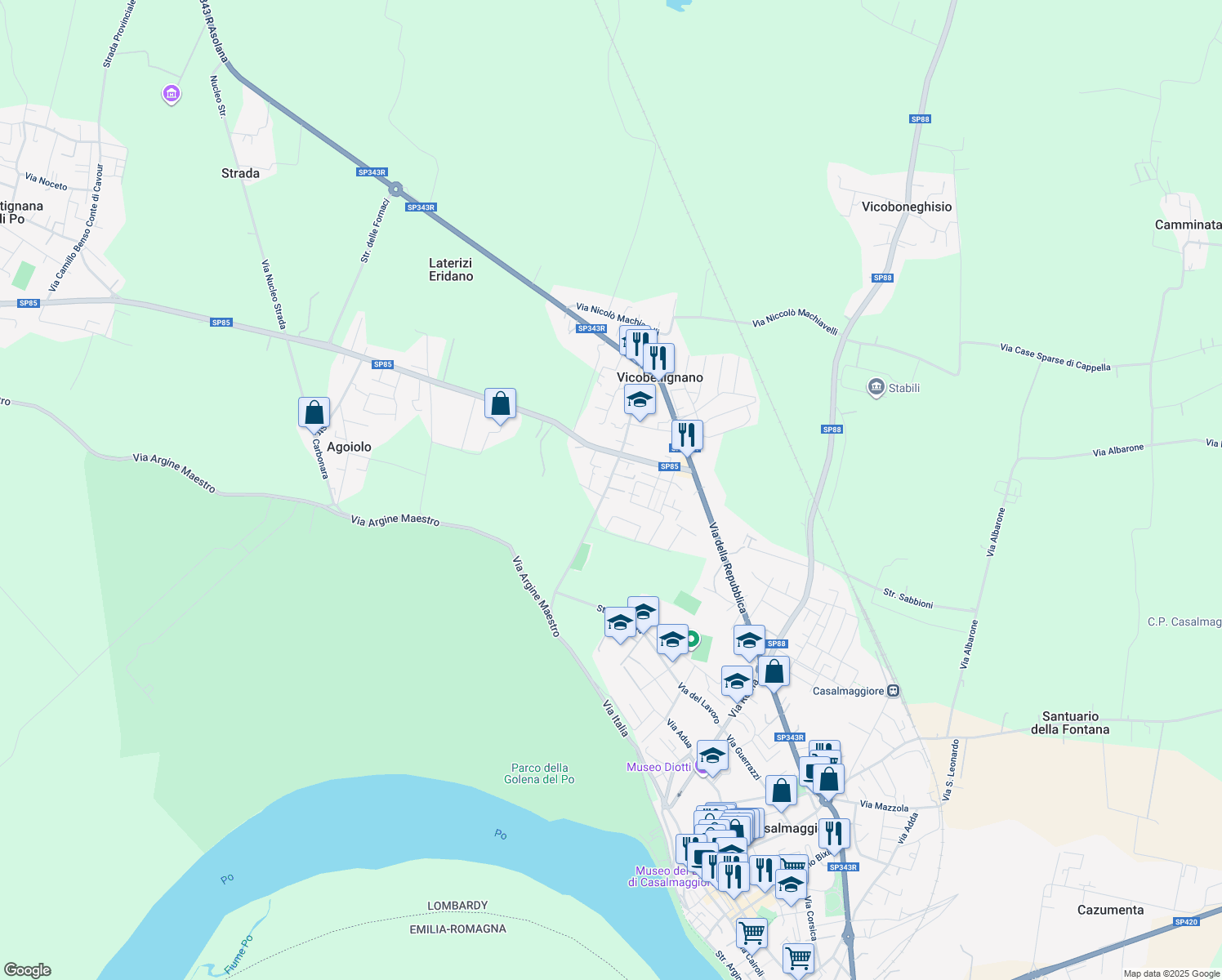 map of restaurants, bars, coffee shops, grocery stores, and more near 175 Via Dante Alighieri in Casalmaggiore