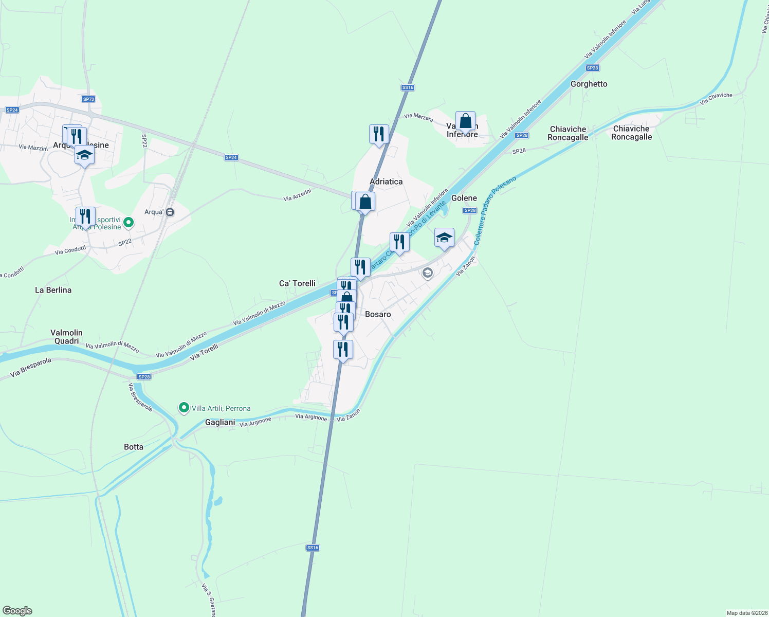 map of restaurants, bars, coffee shops, grocery stores, and more near 104 Via Padre Giuseppe Santi in Bosaro