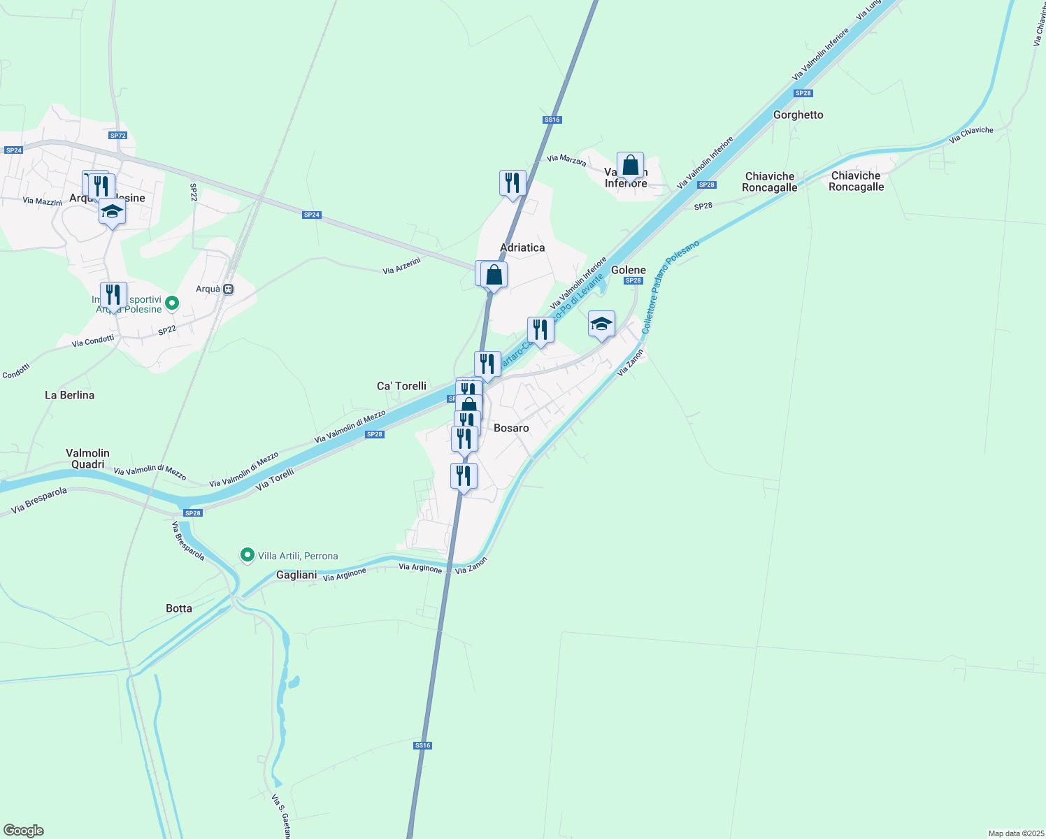map of restaurants, bars, coffee shops, grocery stores, and more near 104 Via Padre Giuseppe Santi in Bosaro