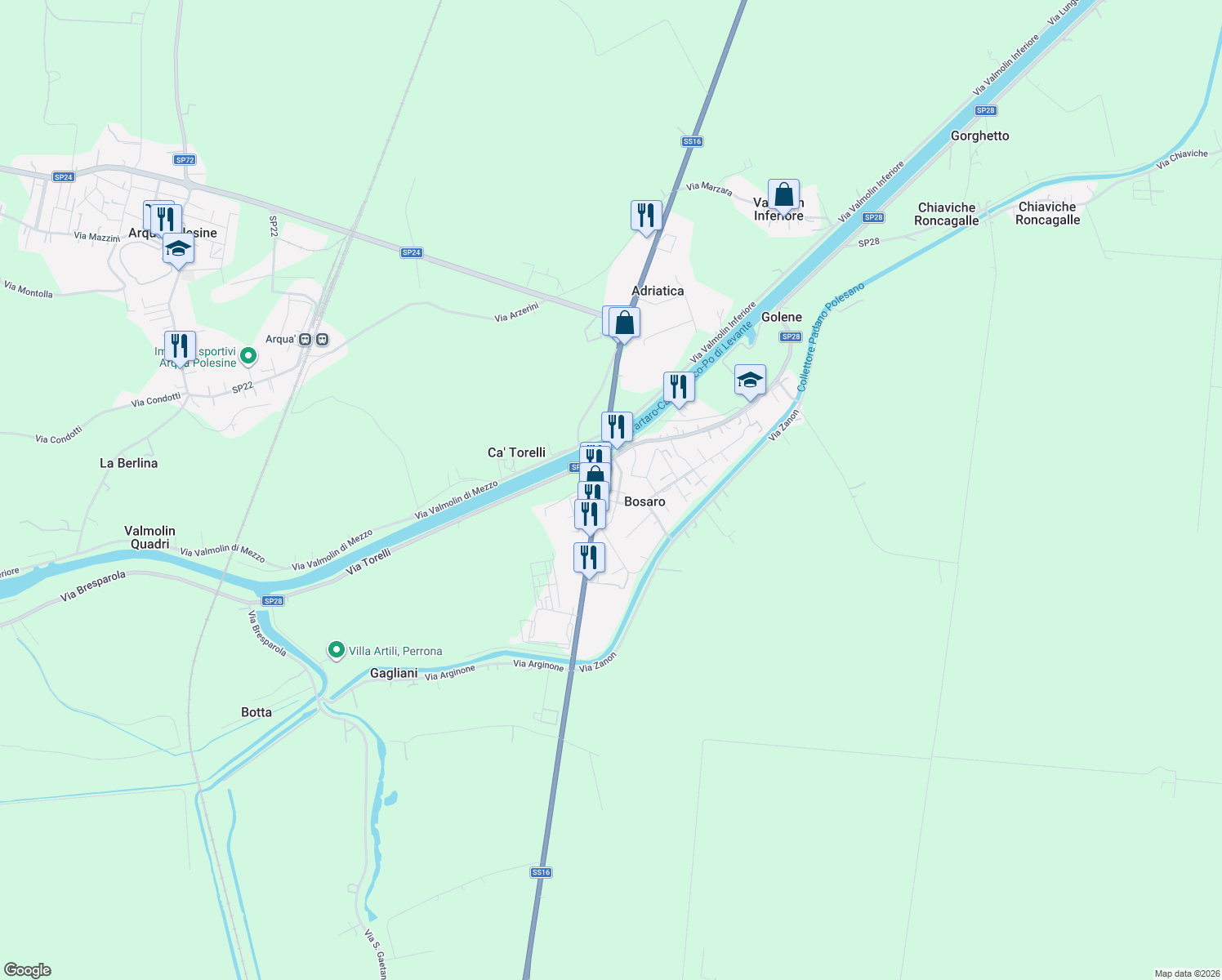 map of restaurants, bars, coffee shops, grocery stores, and more near 59 Via Lercaro in Bosaro