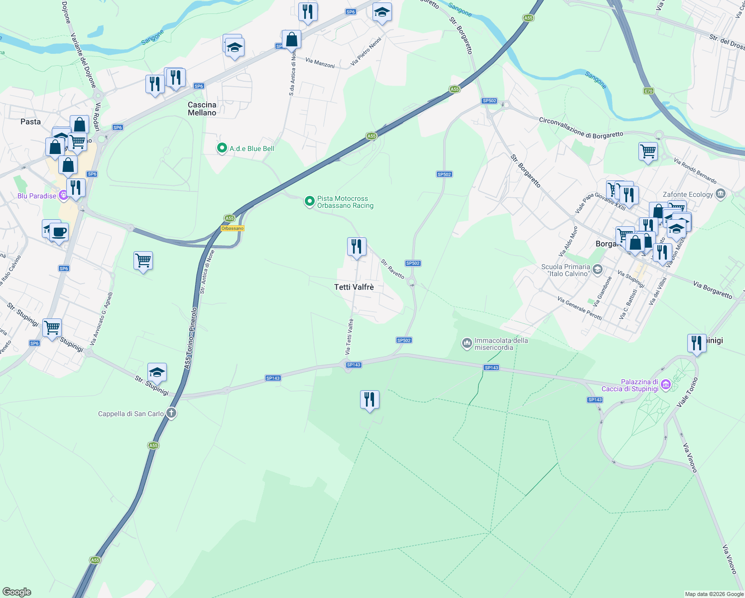 map of restaurants, bars, coffee shops, grocery stores, and more near 4 Via Tetti Valfrè in Orbassano