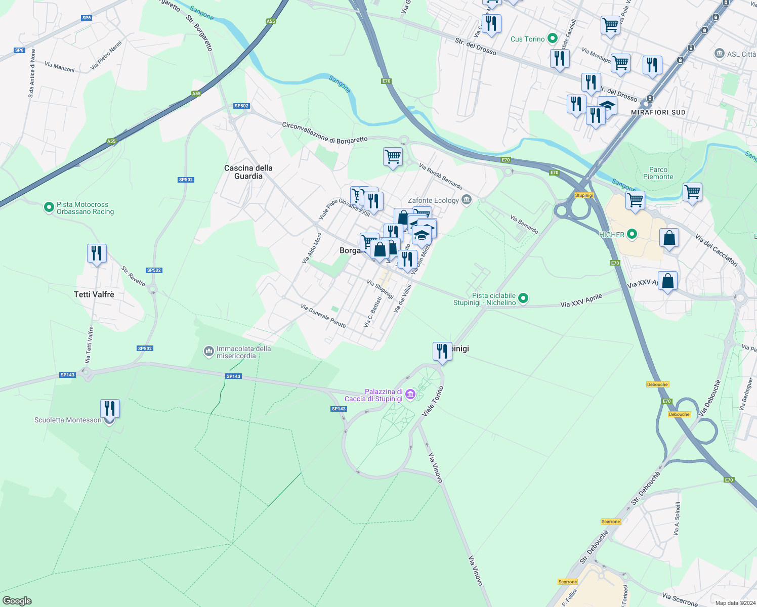 map of restaurants, bars, coffee shops, grocery stores, and more near 9 Via Cesare Battisti in Borgaretto