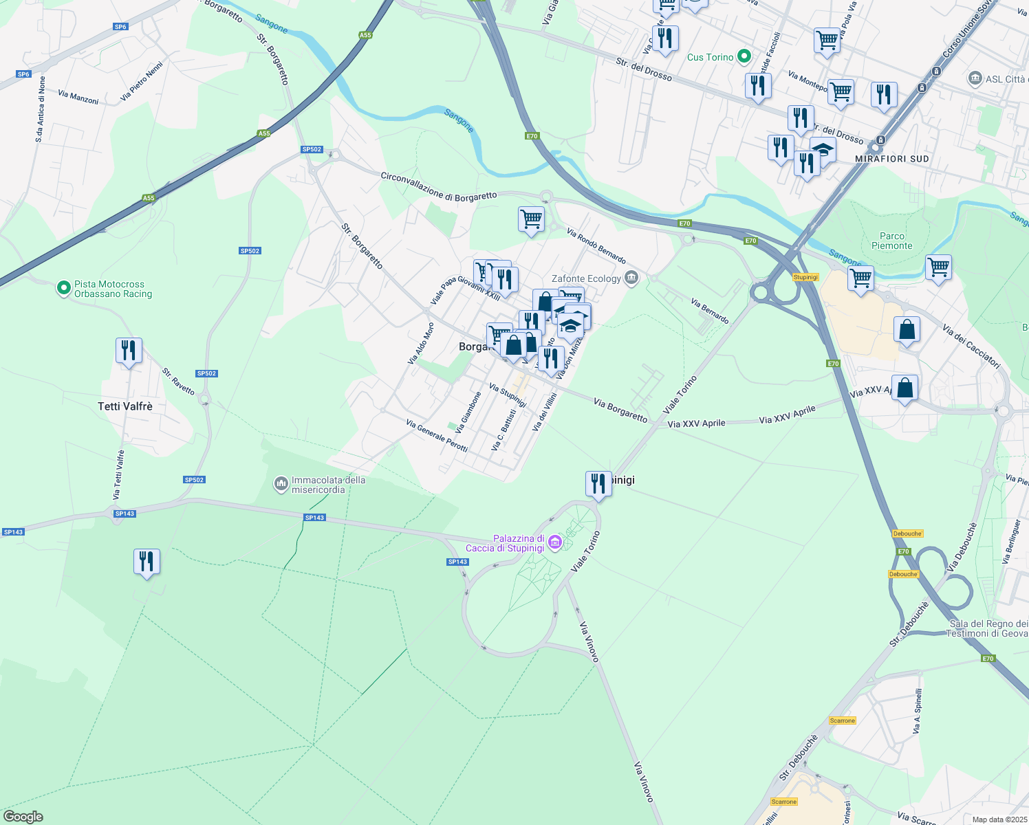 map of restaurants, bars, coffee shops, grocery stores, and more near 9 Via C. Battisti in Borgaretto