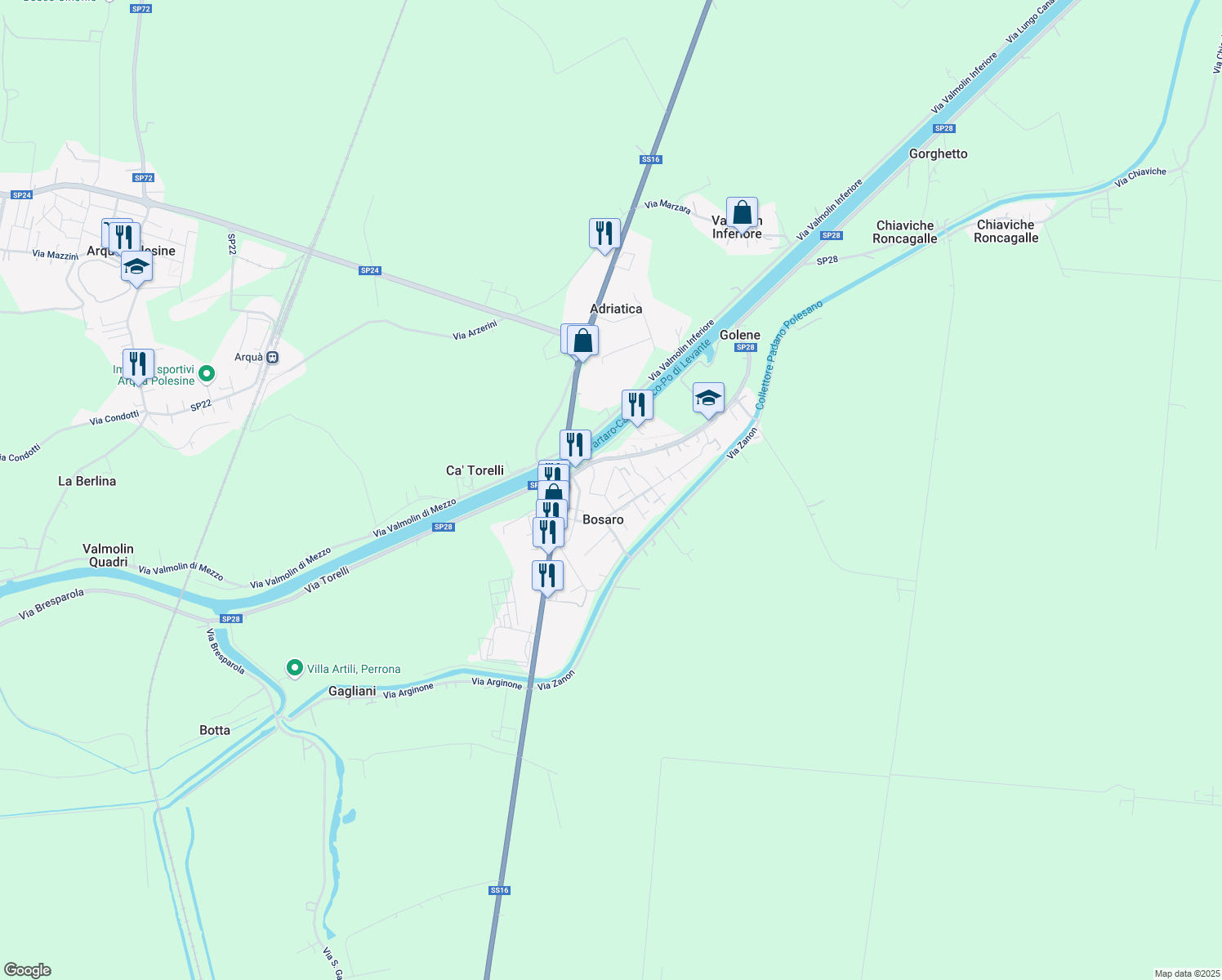map of restaurants, bars, coffee shops, grocery stores, and more near 104 Via Padre Giuseppe Santi in Bosaro