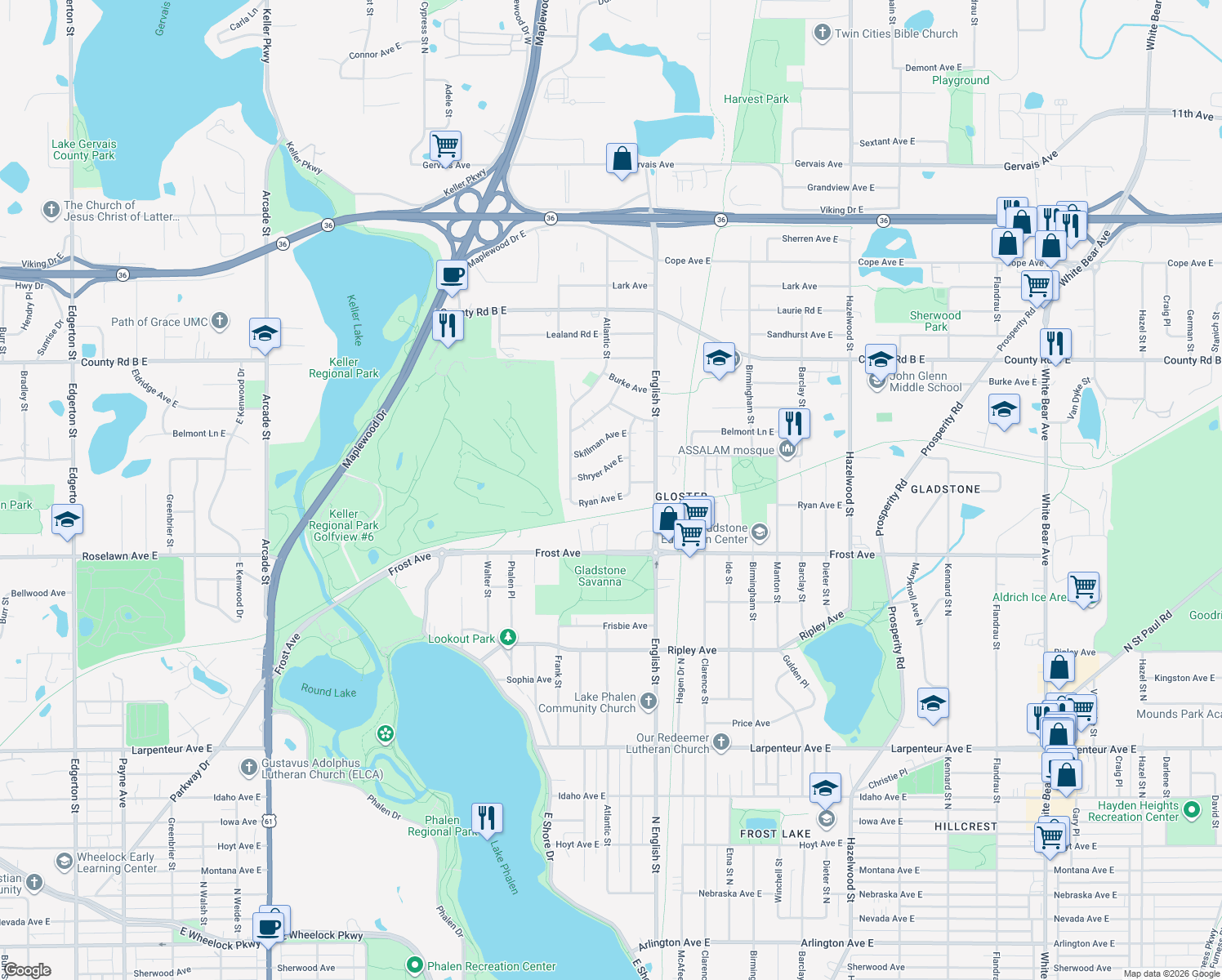 map of restaurants, bars, coffee shops, grocery stores, and more near 1249 Ryan Avenue East in Maplewood