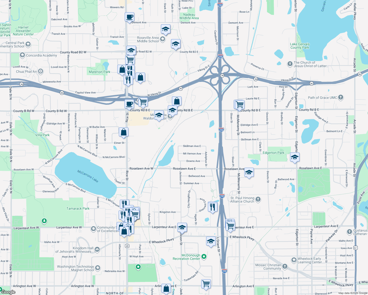map of restaurants, bars, coffee shops, grocery stores, and more near 114 Skillman Avenue East in Maplewood