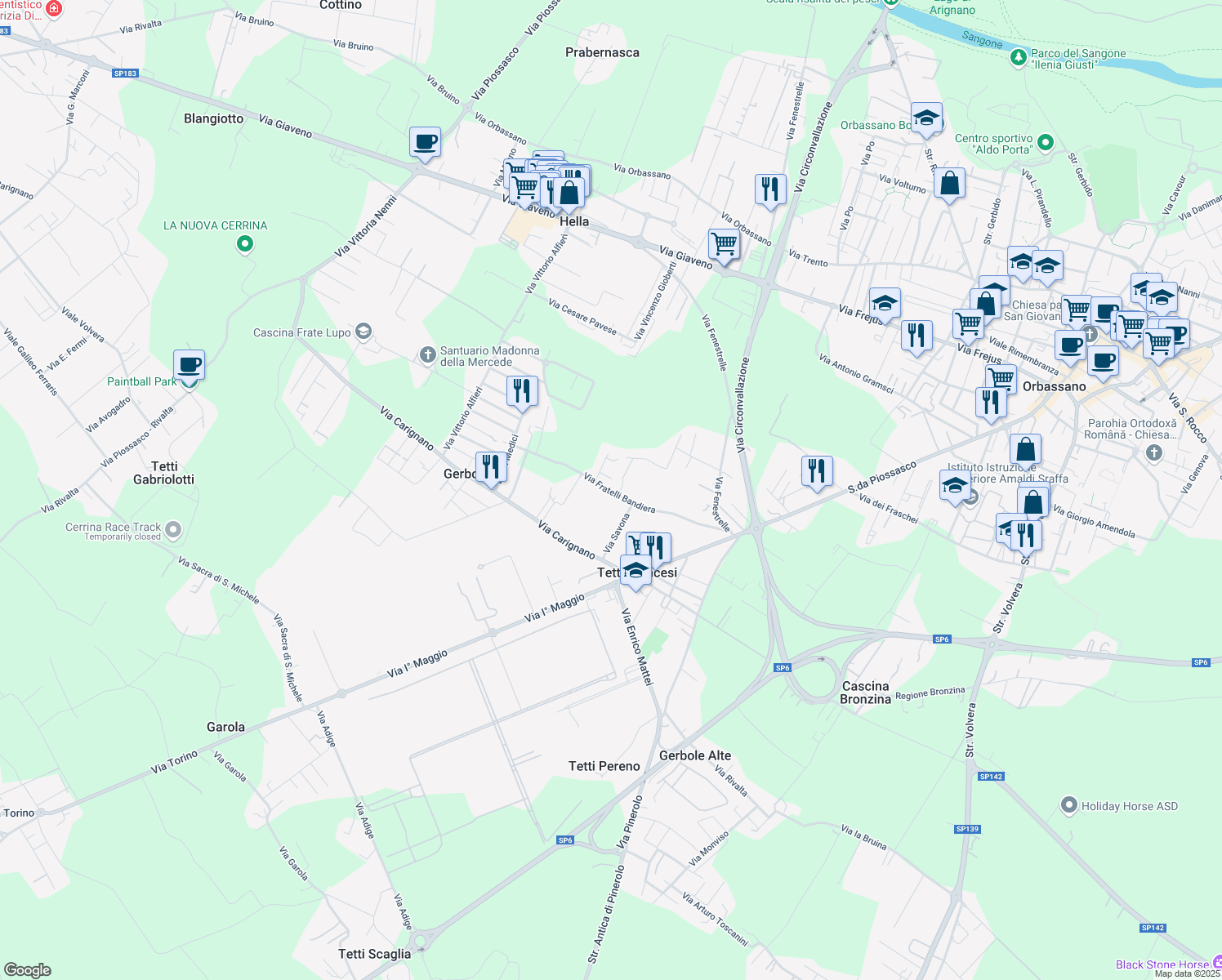 map of restaurants, bars, coffee shops, grocery stores, and more near 24 Via Fratelli Bandiera in Tetti Francesi