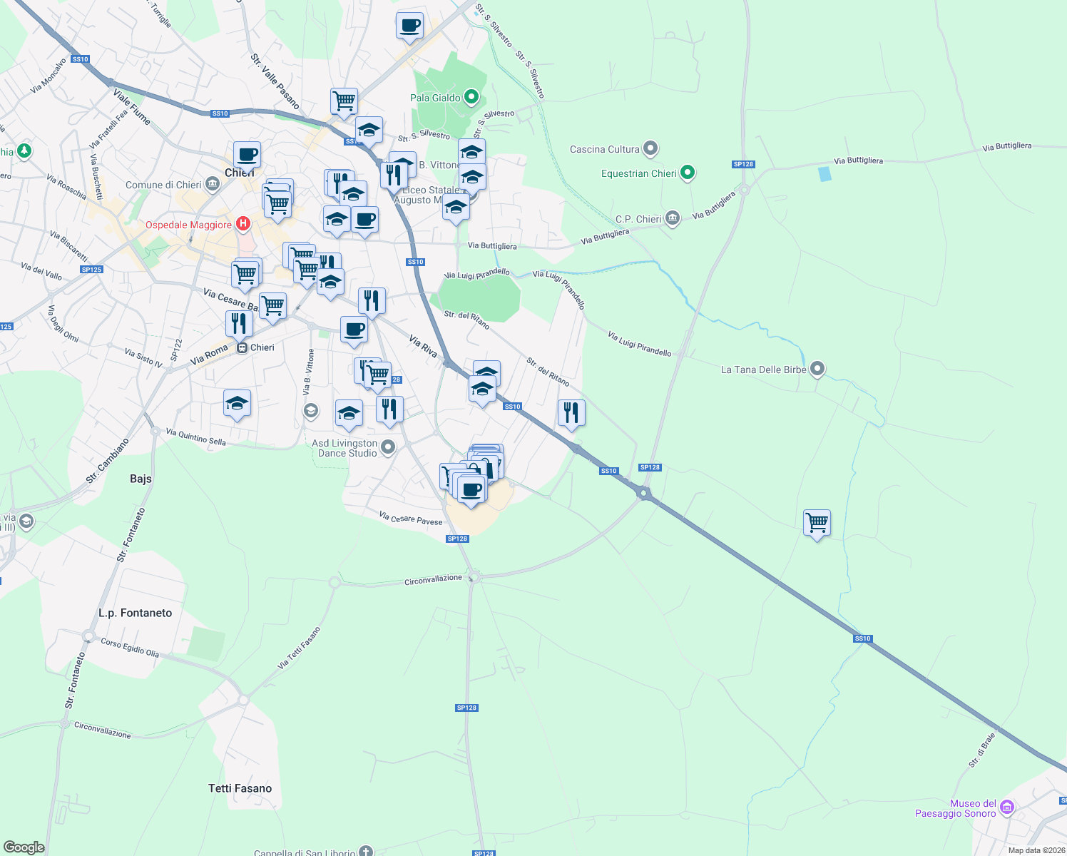 map of restaurants, bars, coffee shops, grocery stores, and more near 50 Via Padana Inferiore in Chieri