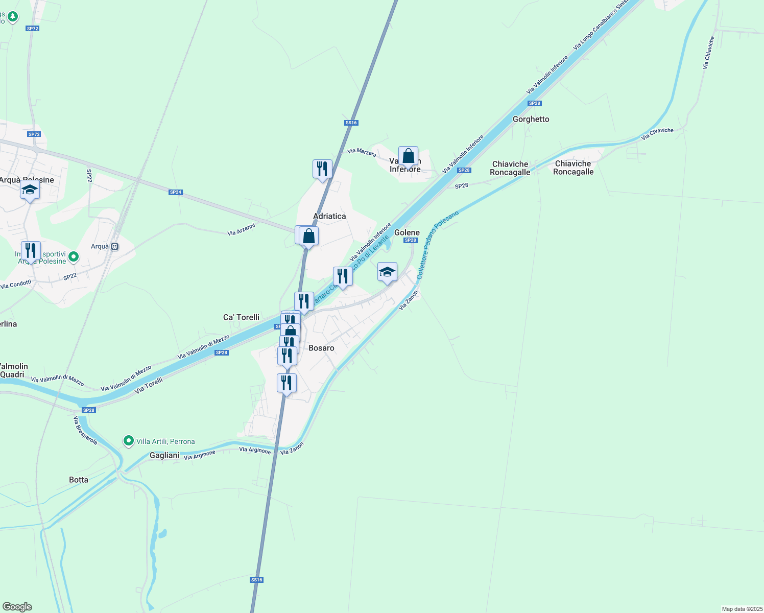 map of restaurants, bars, coffee shops, grocery stores, and more near 249 Via E. Berlinguer in Bosaro