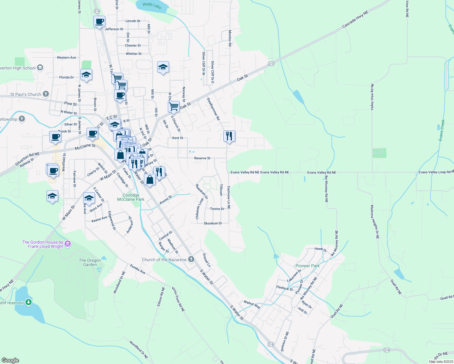 map of restaurants, bars, coffee shops, grocery stores, and more near 339 Eastview Ln NE in Silverton