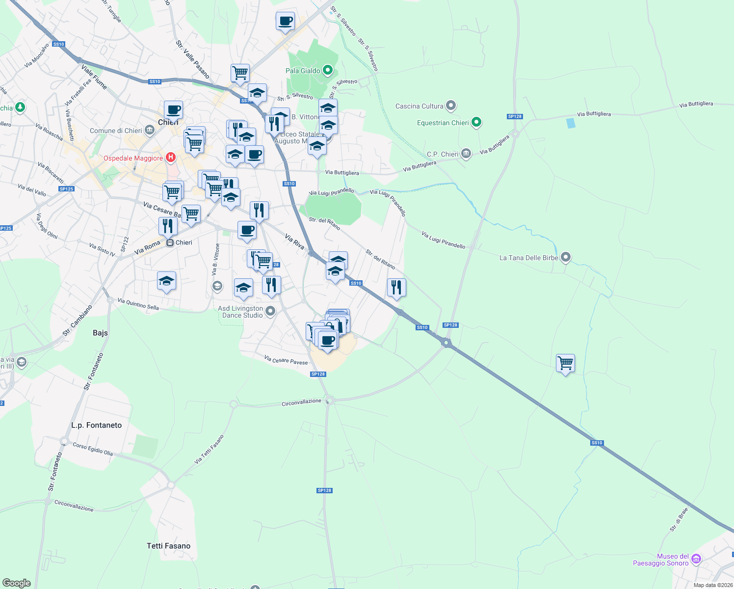 map of restaurants, bars, coffee shops, grocery stores, and more near 50 Via Padana Inferiore in Chieri